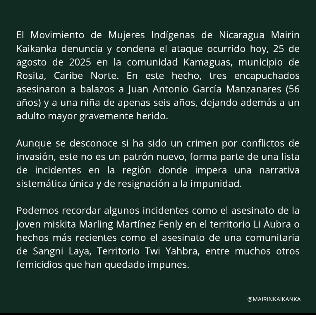La impunidad en Nicaragua tiene a las poblaciones vulnerables y con un Estado fallido.

#Justicia #Nicaragua #CostaCaribe #noticias
