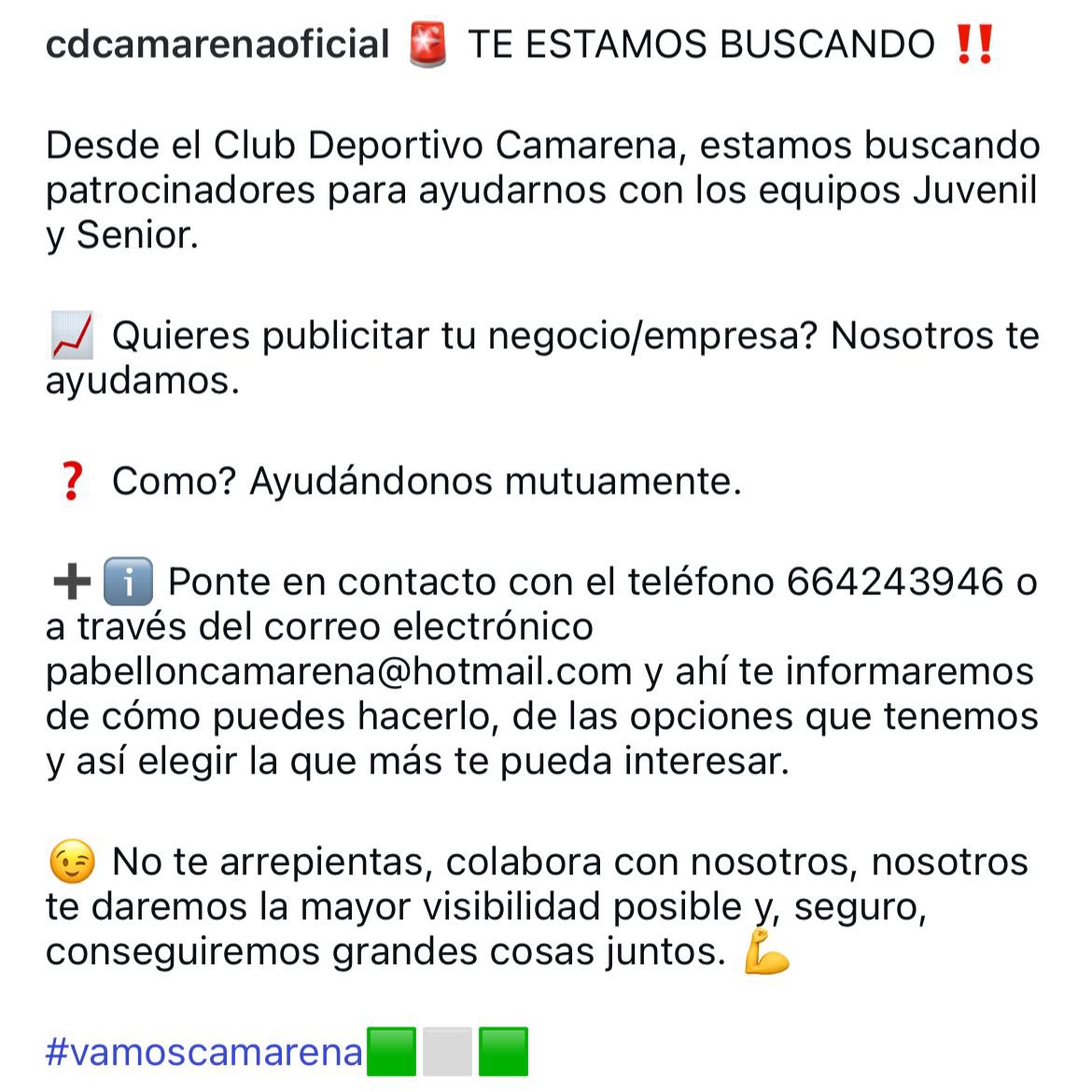 CDCamarenaofic's tweet photo. SE RUEGA MAXIMA DIFUSIÓN!!!
Amigos del camarena, se abren patrocinios para colaborar con el CD Camarena. https://t.co/mTF5F3P10V