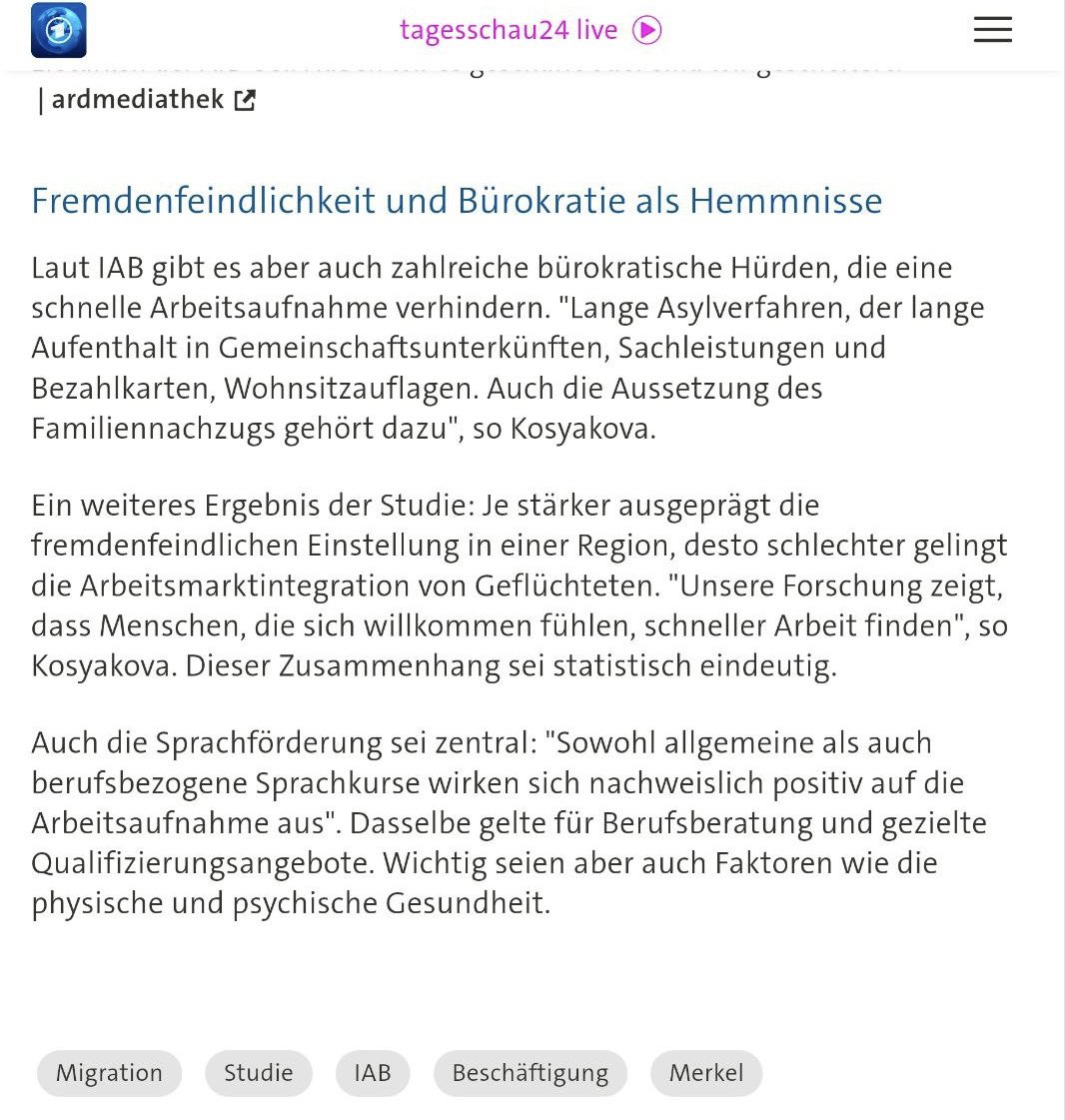 #Deutschland hat viel geschafft. Doch oft steht es sich selbst im Weg. #Studien zeigen: #SchnelleVerfahren, #Anerkennungen, weniger #Restriktionen, mehr #Sprachkurse, bessere #Kinderbetreuung &amp; Bekämpfen von #Rassismus fördern die #Arbeitsaufnahme.

tagesschau.de/inland/gesells…