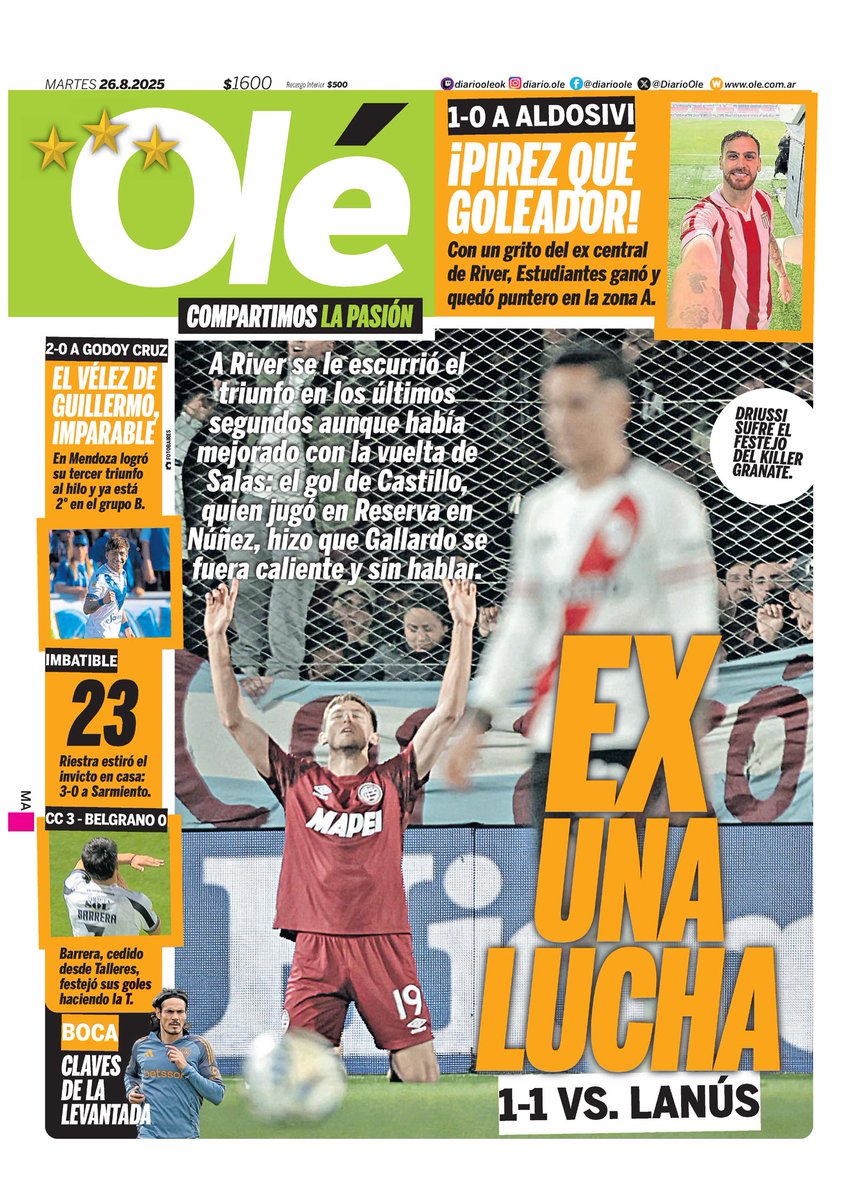 #BuenDía y #BuenMartes para todos!!!
Te presentamos las portadas de los diarios del #Martes 26/08/2025 #26deAgosto #26agosto2025 #26A.

#DiarioOlé