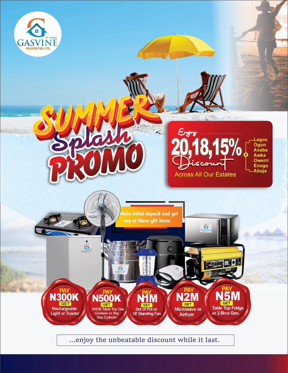 gasvine's tweet photo. 💦☀️ THE GASVINE SUMMER SPLASH PROMO IS STILL ON! ☀️💦

This season, you don’t just invest in land or homes—you unlock:
✅ Unbeatable discounts on our estates
✅ Exciting rewards &amp; incentives for buyers and partners
✅ The chance to secure your future with trusted developers https://t.co/J2H7fiIbVg