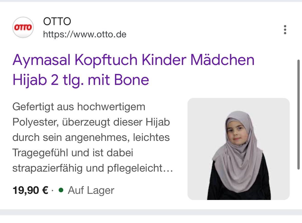 An diesem Angebot vom #Otto-Versand ist alles falsch. Wir leben in einer freien, offenen Gesellschaft, in der Kinder nicht unter ein #Kopftuch gezwängt werden. Otto sollte das Angebot zurückziehen. #Hijab