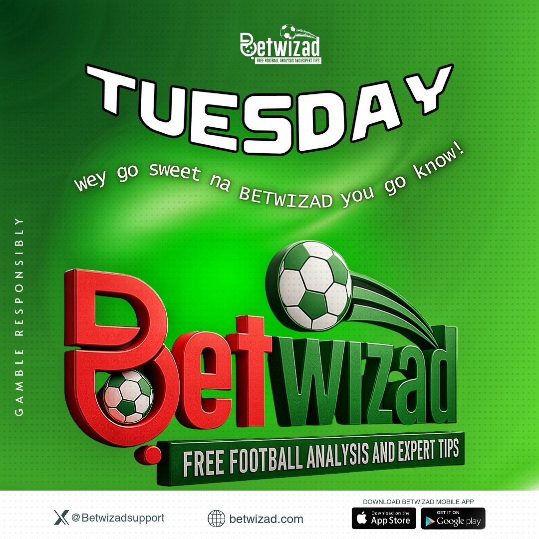 🔥⚽ TUESDAY wey go sweet, na BETWIZAD YOU go know! ✅

Your winning edge starts here — get FREE Football Analysis &amp; Expert Tips every day to keep your slips all green. 📊💰

Stay sharp, stay smart &amp; remember: Gamble Responsibly. Stay in charge of your game. 🎯

🔗