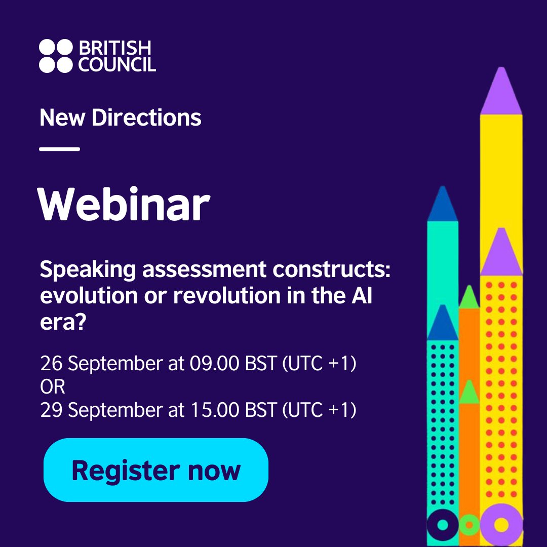 NewDirectionsBC's tweet photo. Join us for an interactive webinar exploring how generative AI is reshaping speaking assessment and what it means for assessment design, validity, and fluency. 
✔️ Evidence-based insights
✔️ AI tool demos
✔️ Frameworks &amp; templates 
https://t.co/JPwlj2FVpJ
#AI #SpeakingAssessment https://t.co/IrmVrNtJ8i