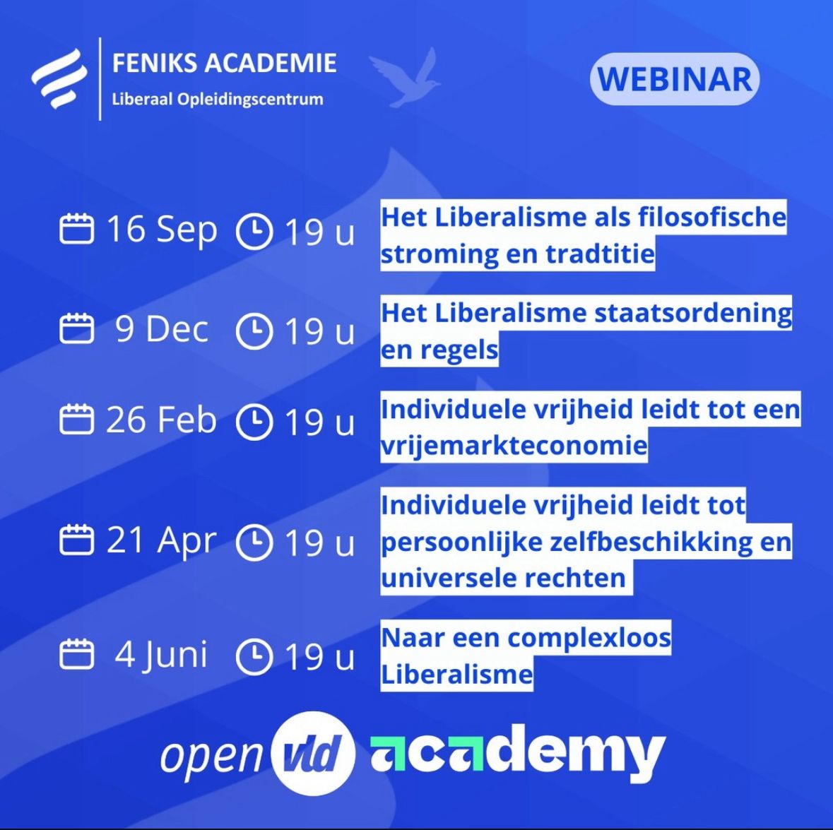 Feniks Academie (@feniksacademie) on Twitter photo 🗽<a href="/FeniksAcademie/">Feniks Academie</a> organiseert dit academiejaar naast onze zaterdagsessies ook enkele interessante webinars i.s.m. de Open Vld Academy.
We brengen academici & denkers samen om het liberalisme verder te verdiepen & te vertalen naar vandaag. Telkens online om 19u.
📅 Save the date 🗽<a href="/FeniksAcademie/">Feniks Academie</a> organiseert dit academiejaar naast onze zaterdagsessies ook enkele interessante webinars i.s.m. de Open Vld Academy.
We brengen academici & denkers samen om het liberalisme verder te verdiepen & te vertalen naar vandaag. Telkens online om 19u.
📅 Save the date