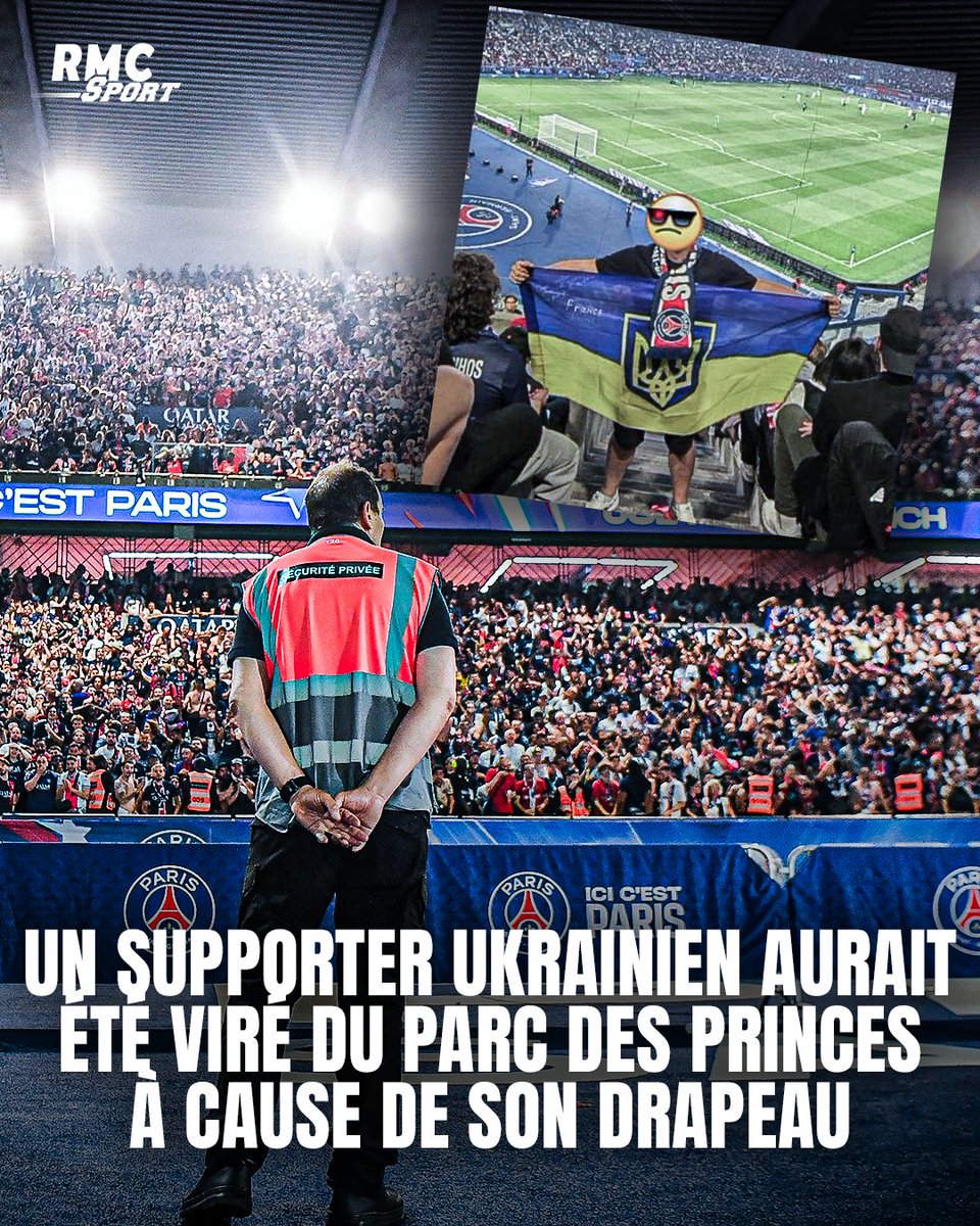 👀 Un supporter ukrainien assure avoir été poussé vers la sortie par le service de sécurité du Parc des Princes en raison de son drapeau ukrainien. Plusieurs stewards lui auraient demandé de retirer son drapeau, sous peine de quitter le stade.

rmcsport.bfmtv.com/football/clubs…