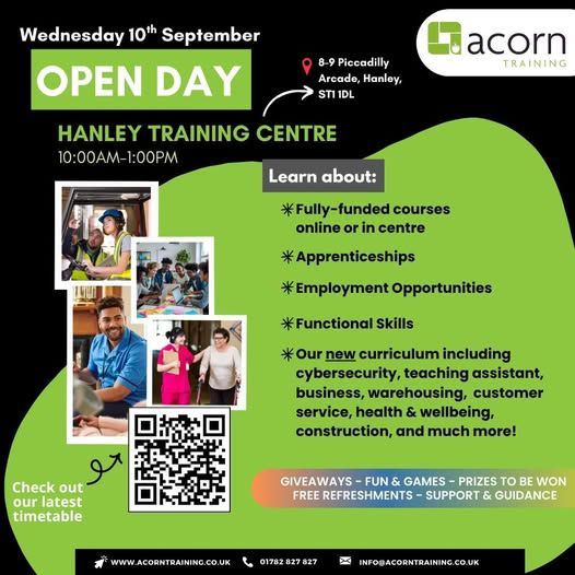 ☕ Open Day – Hanley | 10th September

🗓 Date: Wednesday 10th September
🕙 Time: 10:00 AM – 1:00 PM
📍 Location: Acorn Training, 8-9 Piccadilly Arcade, Hanley, Stoke-on-Trent, ST1 1DL
🎯 Who’s it for? Anyone currently unemployed and ready to up-skill

#OpenDay #Skills