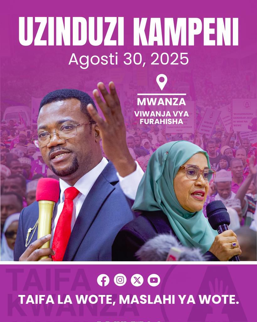 Chama cha <a href="/ACTwazalendo/">ACTWazalendo</a> kitazindua Kampeni za Urais Jijini #Mwanza ambapo kwa mara ya kwanza Ndugu Mpina, akiambatana na Mgombea Mwenza, <a href="/FatmaFereji/">Fatma Ferej</a>, atanadi Ilani ya ACT na vipaumbele vyake.

Mahala: Viwanja vya Furahisha
Siku: Agosti 30, 2025

Oktoba #LindaKura
#MuhuniHasusiwi