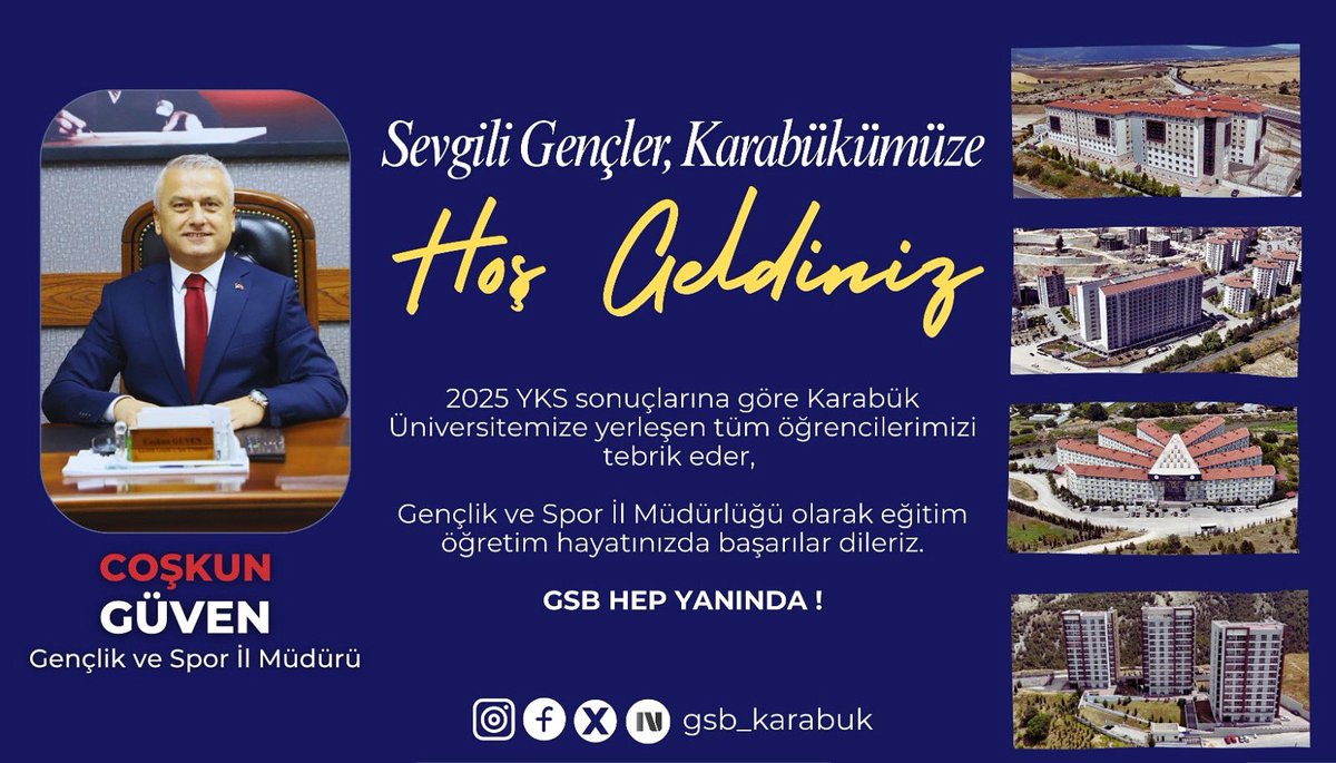 Sevgili Gençler Karabükümüze Hoşgeldiniz

2025 YKS sonuçlarına göre Karabük Üniversitemize yerleşen tüm öğrencilerimizi tebrik eder, Gençlik ve Spor İl Müdürlüğü olarak eğitim öğretim hayatınızda başarılar  dileriz.

GSB HEP YANINDA!