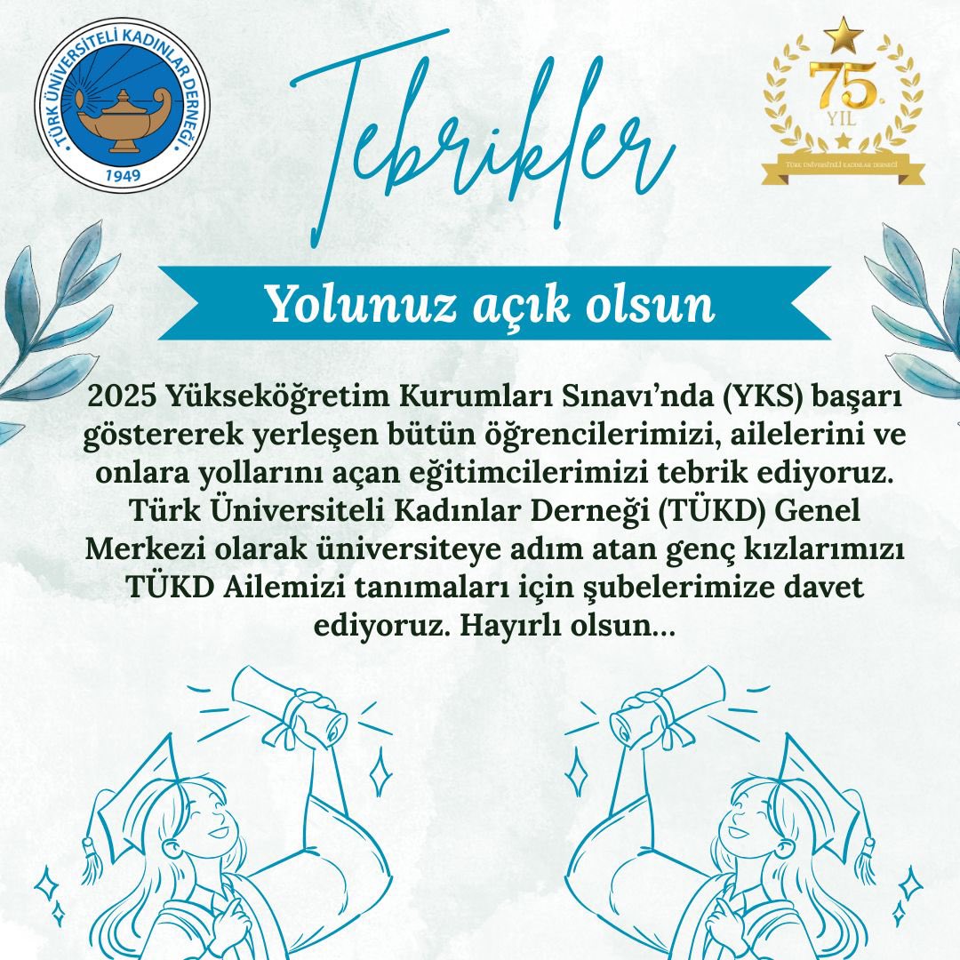 2025 Yükseköğretim Kurumları Sınavı’nda (YKS) başarı göstererek yerleşen bütün öğrencilerimizi, ailelerini ve onlara yollarını açan eğitimcilerimizi tebrik ediyoruz.  #tükd #yks