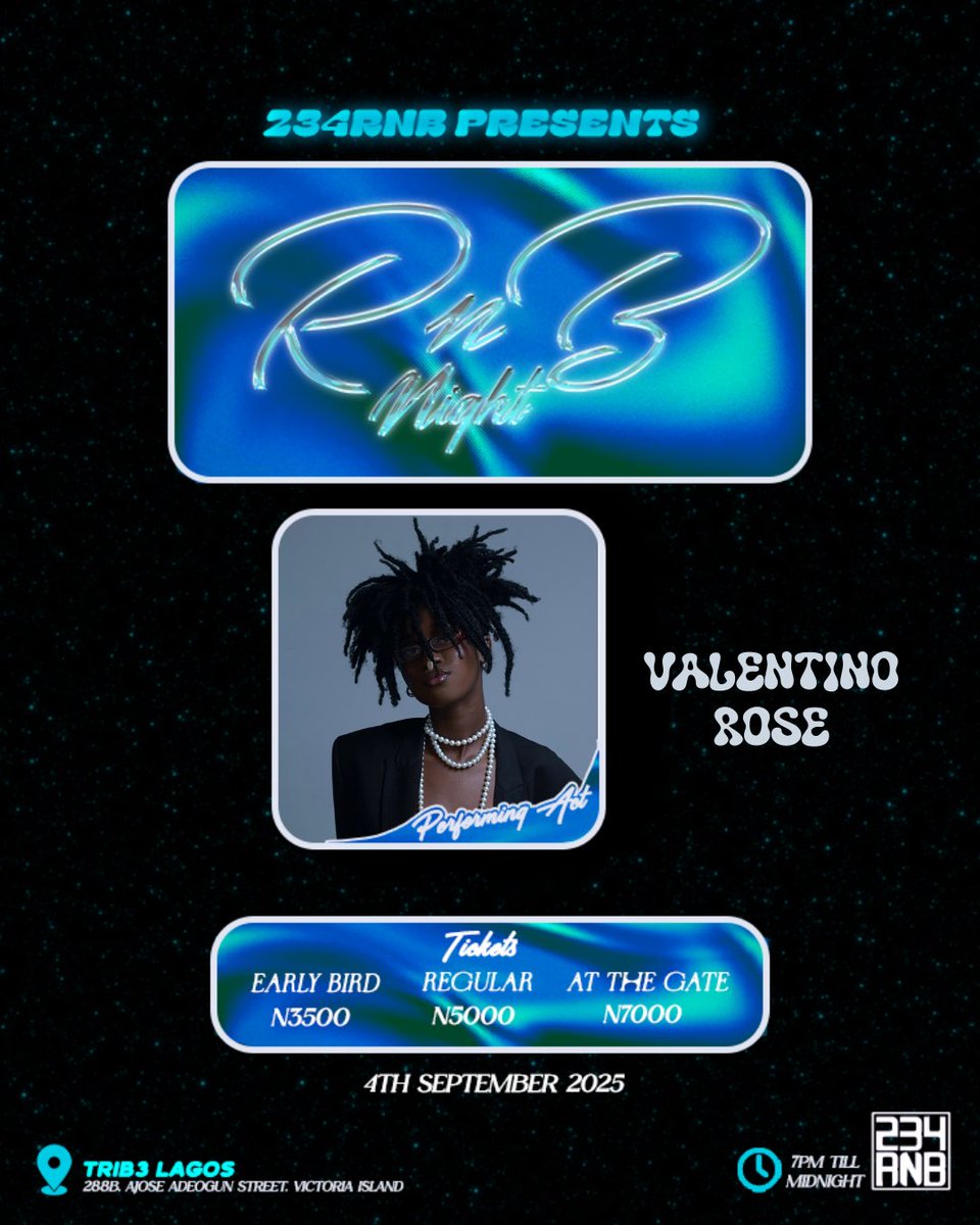 234RnB Community (@234rnb) on Twitter photo RnB Night🎙️returns in Sept with live RnB/Soul performances, DJ sets & pure vibes!
Blessing our stage with her delicious vocals is the amazing <a href="/Valentinoroze/">Valentinorose</a> 😮💨
📍 Trib3 Lagos | Sept 4 | 7PM till late
🎟 ₦3,500–₦7,000 -> tix.africa/discover/rnbni… RnB Night🎙️returns in Sept with live RnB/Soul performances, DJ sets & pure vibes!
Blessing our stage with her delicious vocals is the amazing <a href="/Valentinoroze/">Valentinorose</a> 😮💨
📍 Trib3 Lagos | Sept 4 | 7PM till late
🎟 ₦3,500–₦7,000 -> tix.africa/discover/rnbni…