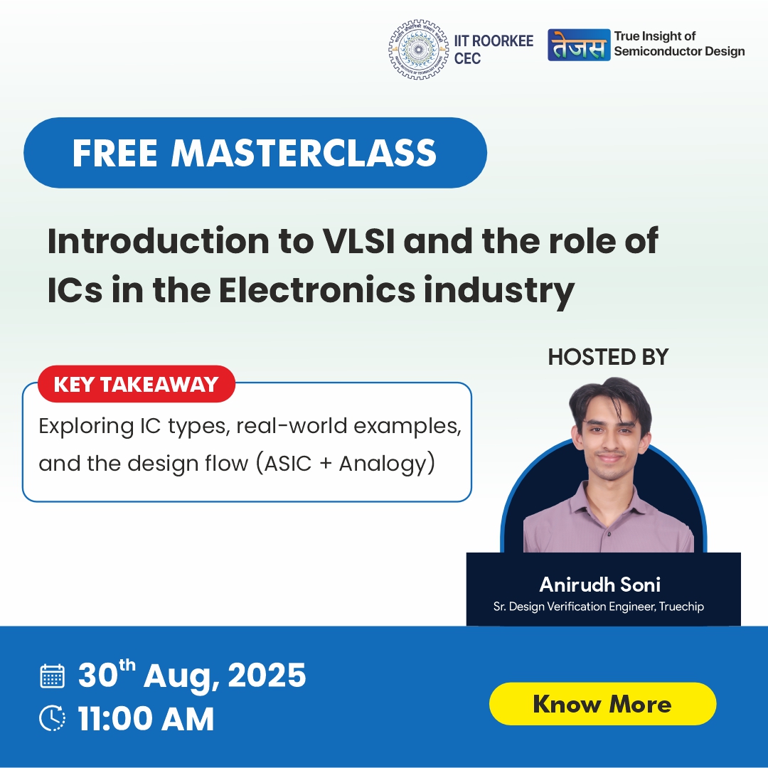 FutureWiz_vlsi's tweet photo. 🚀 From Code to Chip: Mastering Front-End Verification 
🎓 FREE MASTERCLASS | 30 Aug, 11:00 AM
Don’t miss out! Level up your VLSI knowledge 👇
 https://t.co/7KcEZuF03g

#VLSI #ICDesign #ElectronicsEngineering #ASICDesign #FrontEndVerification #TechMasterclass #SemiconductorDesign https://t.co/kdSOIt0xTc