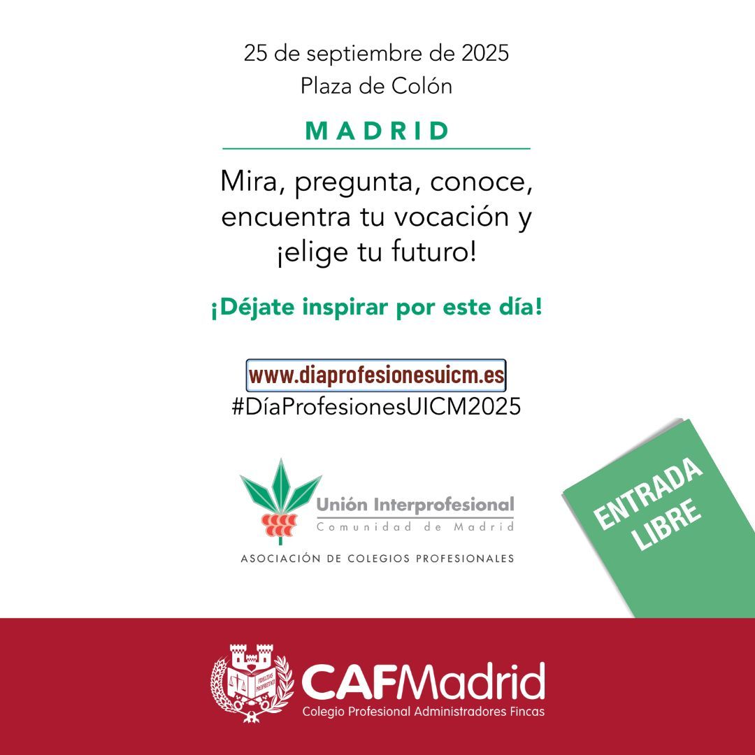 CAFMadrid (@cafmadrid) on Twitter photo 🚀 ¿Quieres encontrar una profesión con futuro, donde no existe el desempleo y con grandes expectativas de crecimiento?
✅ ¡Hazte administrador de fincas colegiado! ¡Ven a conocernos en el Día de las Profesiones 2025 de <a href="/UICMadrid/">Unión Interprofesional de la Comunidad de Madrid</a>!
✏️ Te esperamos en la Carpa 12 y en las 🚀 ¿Quieres encontrar una profesión con futuro, donde no existe el desempleo y con grandes expectativas de crecimiento?
✅ ¡Hazte administrador de fincas colegiado! ¡Ven a conocernos en el Día de las Profesiones 2025 de <a href="/UICMadrid/">Unión Interprofesional de la Comunidad de Madrid</a>!
✏️ Te esperamos en la Carpa 12 y en las
