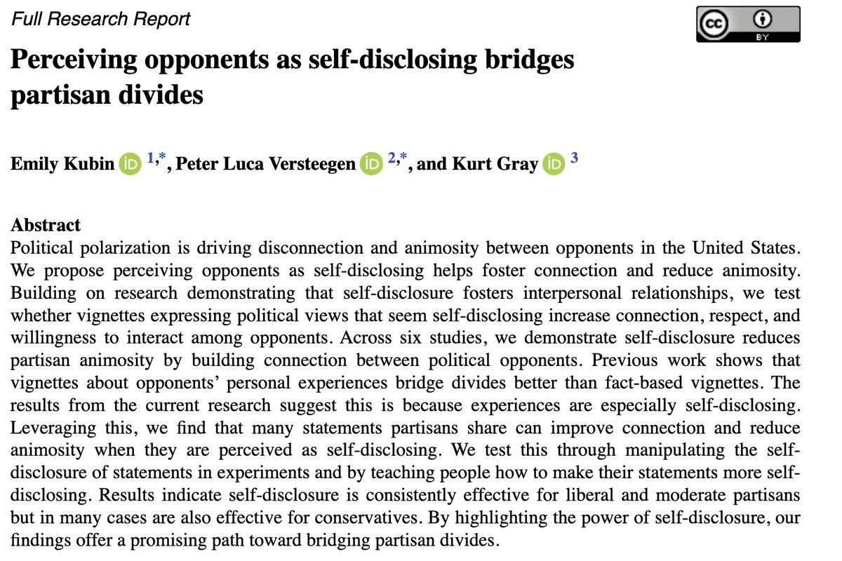 🚨New Pub Alert!🚨  Self-disclosure is a key ingredient for bridging divides between opponents. Importantly, self-disclosure is not only useful when sharing experiences but also can be leveraged to heal divisions when communicating facts.  More below 👇 
journals.sagepub.com/doi/epub/10.11…