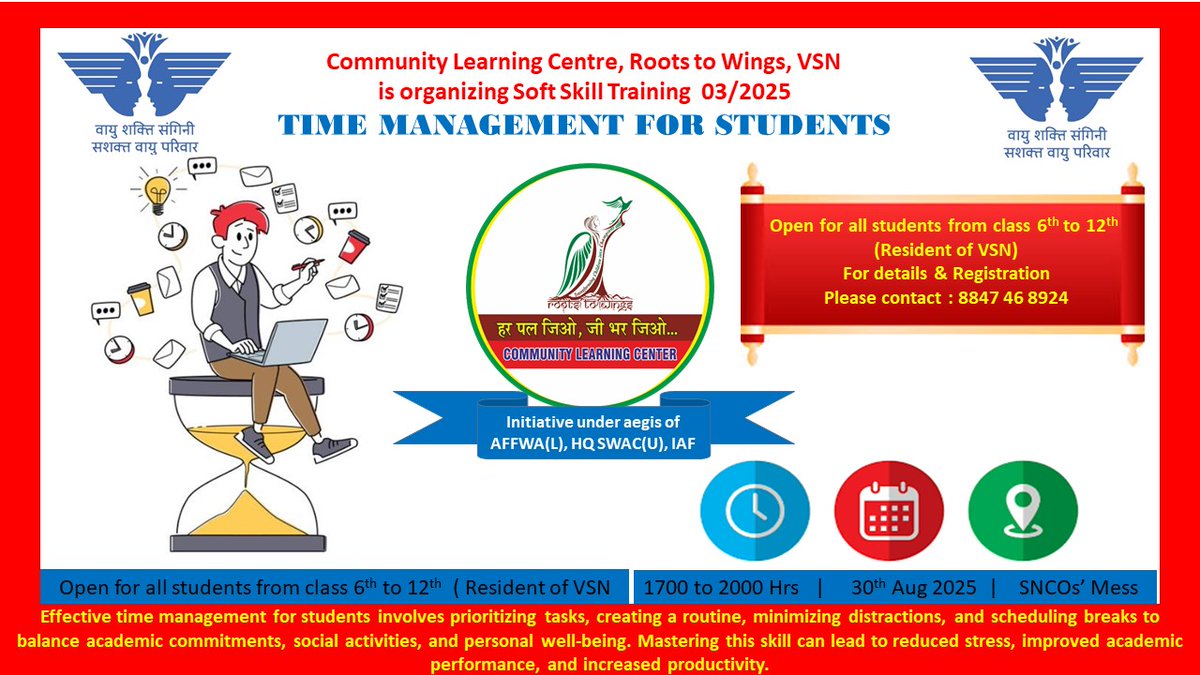 A training workshop for students is being organized on 30th Aug 2025 under aegis of AFFWA(L), HQ SWAC(U), IAF. Best suitable for students from class 6th to 12th. Call 8847 46 8924 for further details.

 <a href="/IAF_AFFWA/">IAF_AFFWA</a> <a href="/SWAC_IAF/">C PRO South Western Air Command</a> 
 <a href="/BSF_Gujarat/">BSF GUJARAT</a> <a href="/Gc_Gandhinagar/">GC GNR</a> <a href="/DefencePRO_Guj/">PRO Defence Gujarat</a>