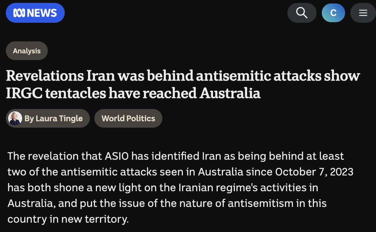 This is labeled "Analysis" but it's just brazen state propaganda. There have been no "revelations" about Iran being behind antisemitic attacks, there have been evidence-free assertions by an intelligence agency repeated by the prime minister. Shame on <a href="/latingle/">Laura Tingle</a> and <a href="/abcnews/">ABC News</a>.
