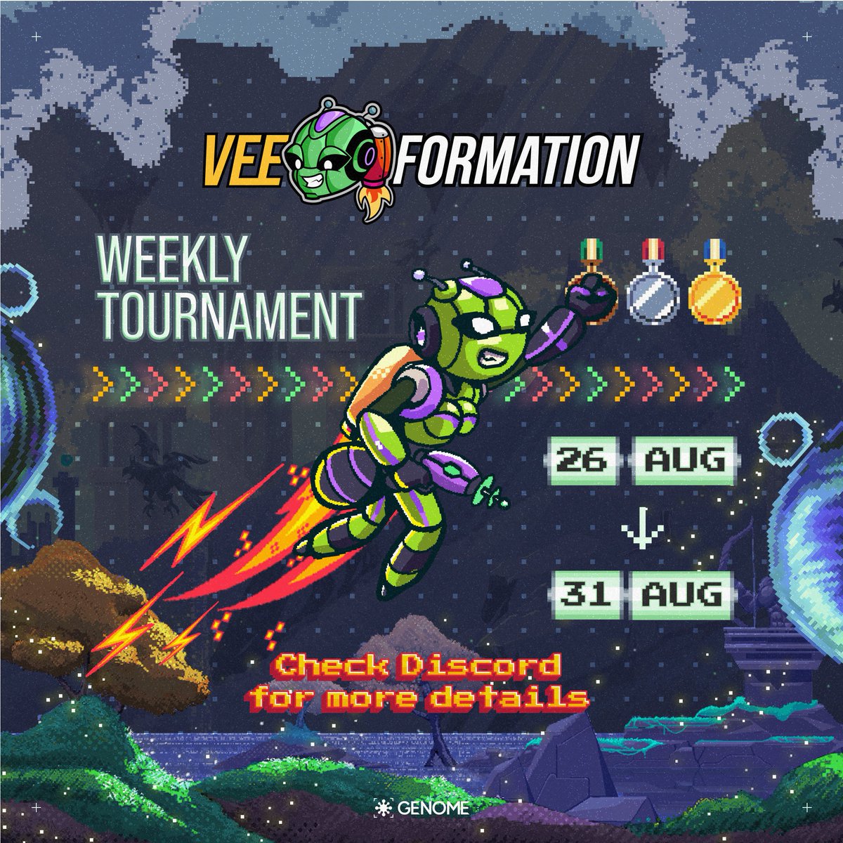 🚀 Vee Formation Weekly Tournaments just landed on <a href="/genome_protocol/">Genome</a> !

The skies are wide open, and so is the competition 👾
From Monday to Friday, every week on EDGE, it’s game on.
🎯 First Tournament:
🗓️ Aug 26, 12PM UTC → Aug 31, 12PM UTC
💰 Weekly prize pool up for grabs
📊