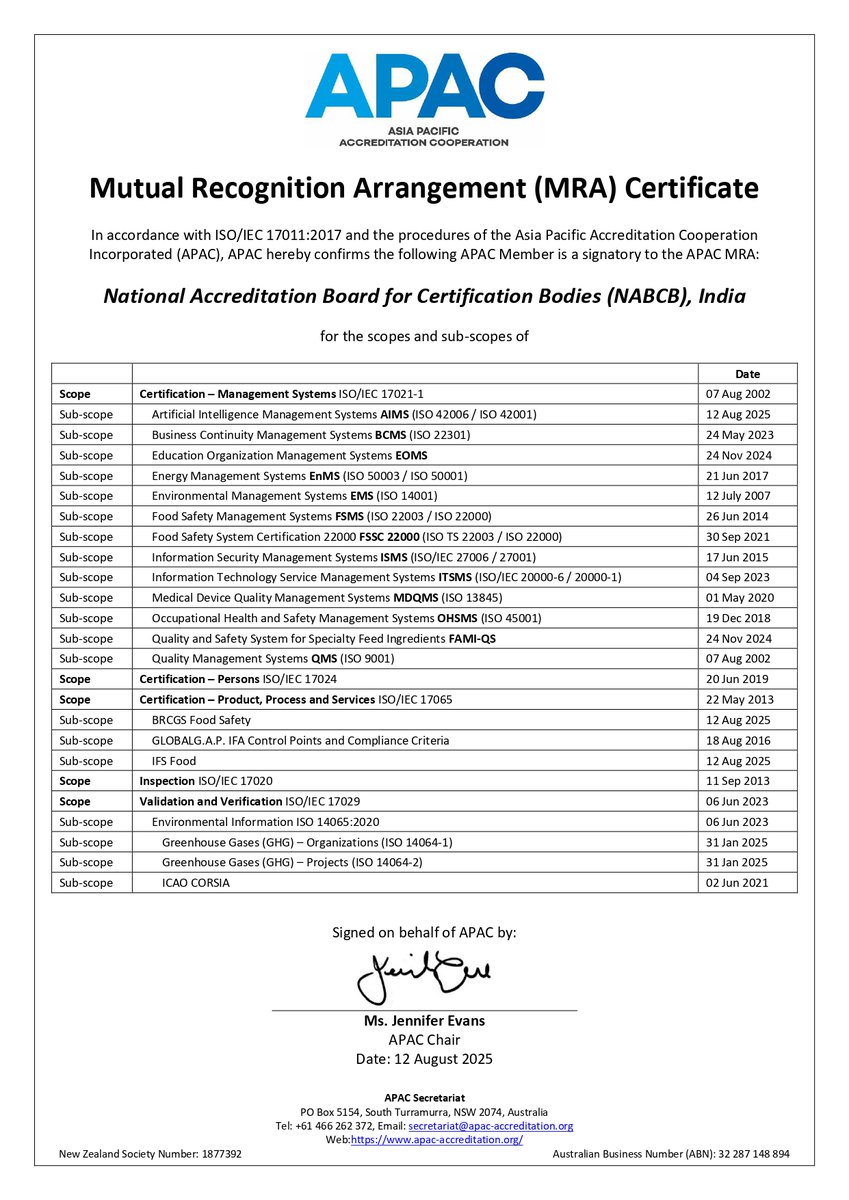 📢 We’re proud to announce that NABCB is now a signatory to the IAF MLA for:
✅ Artificial Intelligence Management Systems (AIMS) – ISO 42001/42006
✅ BRCGS &amp; IFS Food Safety
This global recognition reaffirms our commitment to quality.

<a href="/QualityCouncil/">QCI #qualitymatters</a> 
#AIMS #IAF #ACCREDITATION