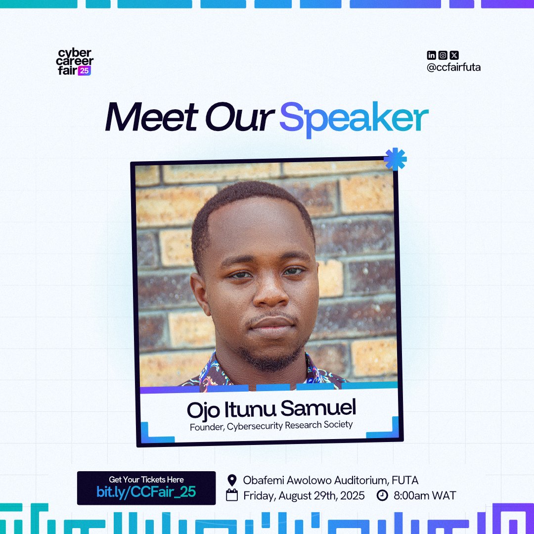 ccfairfuta's tweet photo. We’re excited to unveil our first CCF’25 speaker!🔥

Meet Mr. Ojo Itunu Samuel — Founder &amp; President of the Cybersecurity Research Society, and an Offensive Security Researcher advancing VAPT, Digital Forensics &amp; Threat Intelligence.

Get ready to be inspired! 💡 https://t.co/C0SKbFIbns