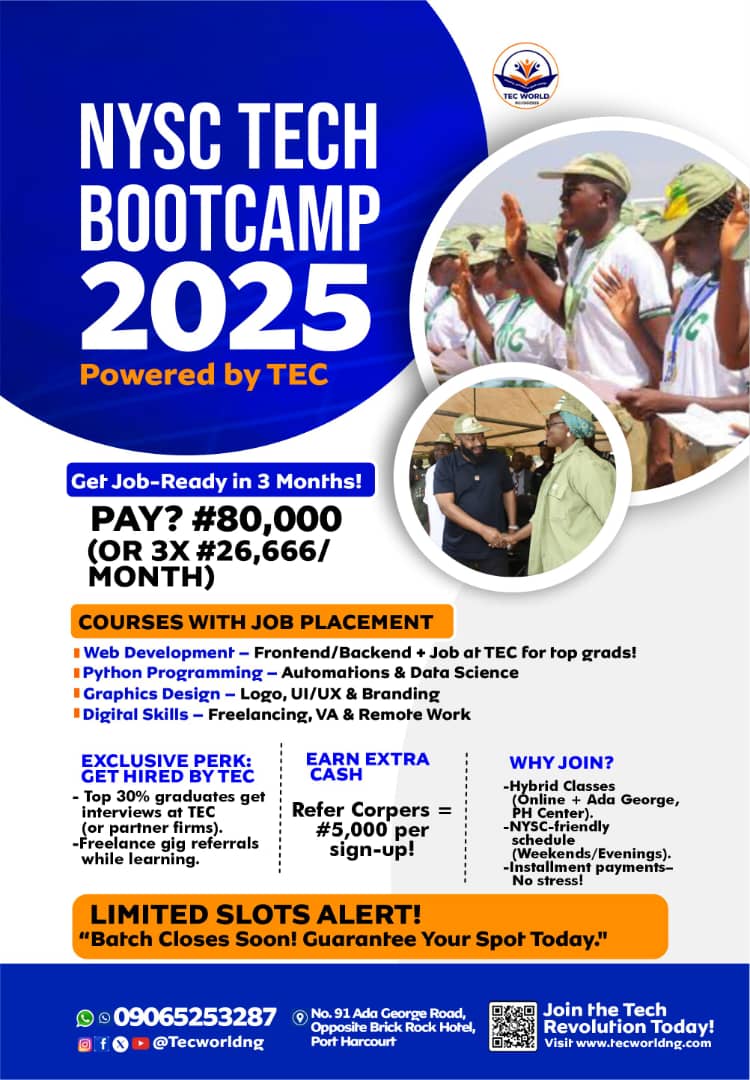 TECworldng's tweet photo. NYSC Corps Members! Ready to Level Up?
Dive into the digital world with our Tech Skills Bootcamp in Port Harcourt!
Enroll now!
#TECWorld #nysclevelup
#TechSkills
#lifeafternysc
#trending
#nyscnaija
#nysccamp
#nyscporthacourt
#nyscdiary
#NYSC #PortHarcourt
#nysccorpers https://t.co/8UcHBovyWA