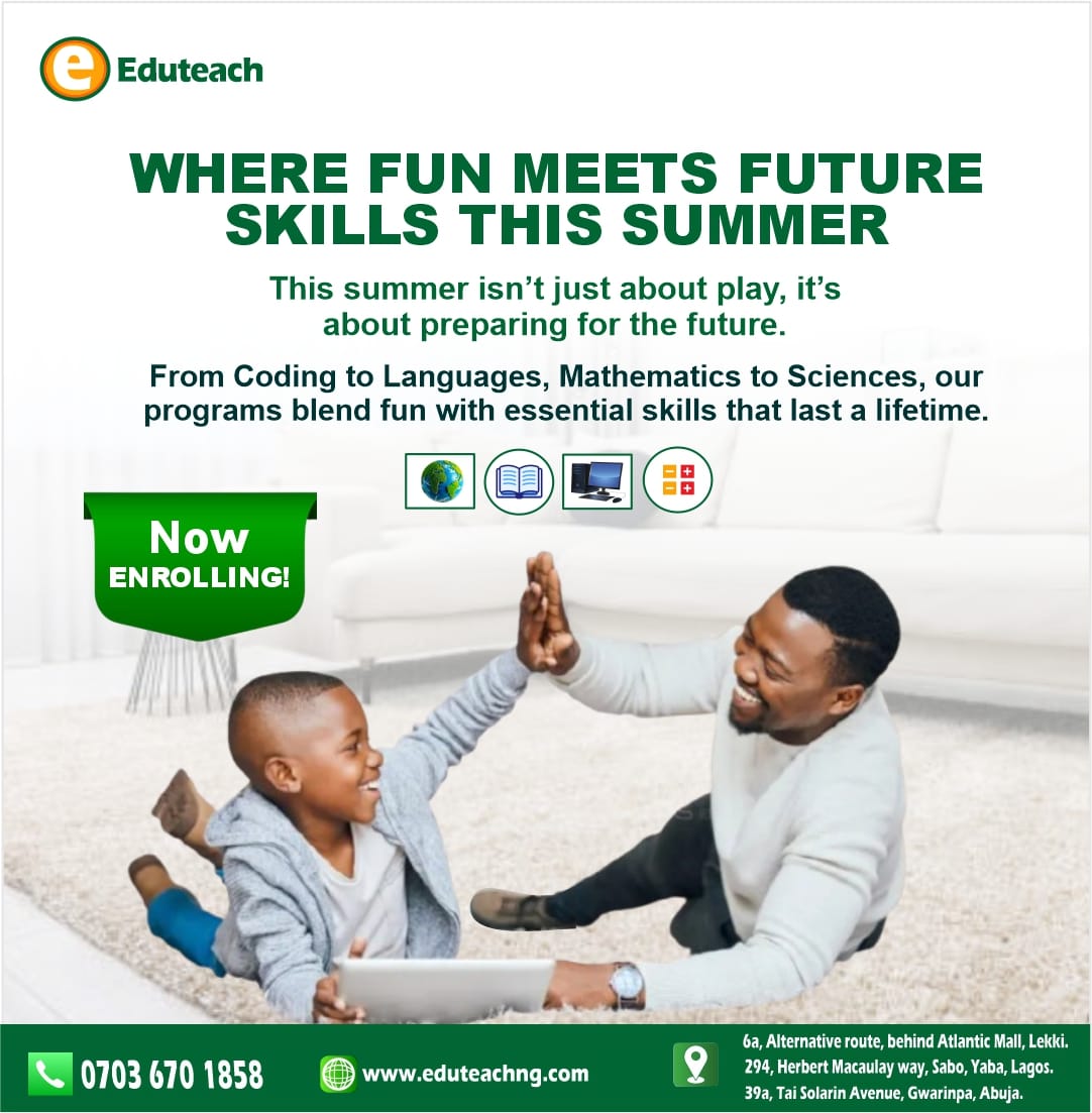 Eduteachng's tweet image. This summer = FUN + FUTURE SKILLS 
At Eduteach:
💻 Coding for Kids
🌍 Languages (French, Spanish, Yoruba, Igbo)
➕ Math &amp;amp; Science mastery
📞 07036701858 | 🌐 eduteachng.com
#Eduteach #KidsLearning #SummerSkills #ParentsInLagos #STEMForKids #EducationNigeria