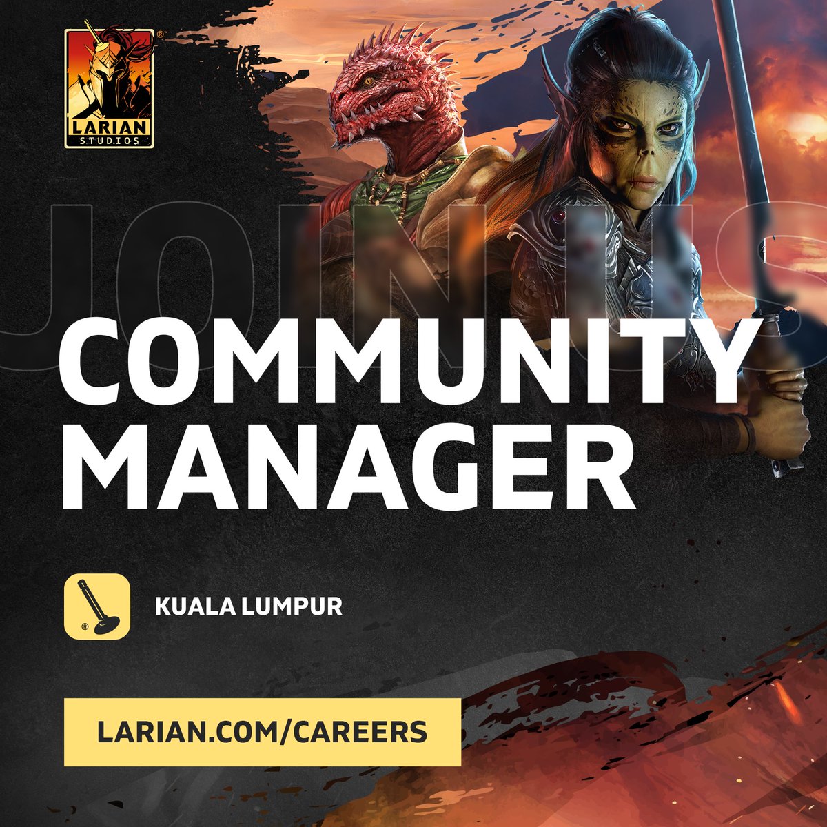 lukekarmali's tweet image. 🚨 Job Posting Klaxon 🚨
We’re looking for a talented Community Manager based in Malaysia to bolster the Publishing Team at Larian!
💼 Community Manager
🏢 Larian Studios
🇲🇾 Kuala Lumpur, Malaysia (Office/Hybrid)
📜 Full-time
🗓️ 3+ Years Experience
🔗 larian.com/careers/df54c7…