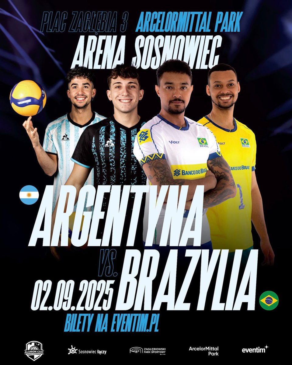 📢 Przypominamy!
Już za tydzień – 2.09.2025 o 18:00, czeka nas prawdziwe siatkarskie widowisko na Arenie Sosnowiec w ArcelorMittal Park 🏟️🔥

Na parkiecie zmierzą się potęgi światowej siatkówki 🌍🏐: Argentyna 🇦🇷 vs Brazylia 🇧🇷
To będzie ich ostatni sprawdzian przed Mistrzostwami