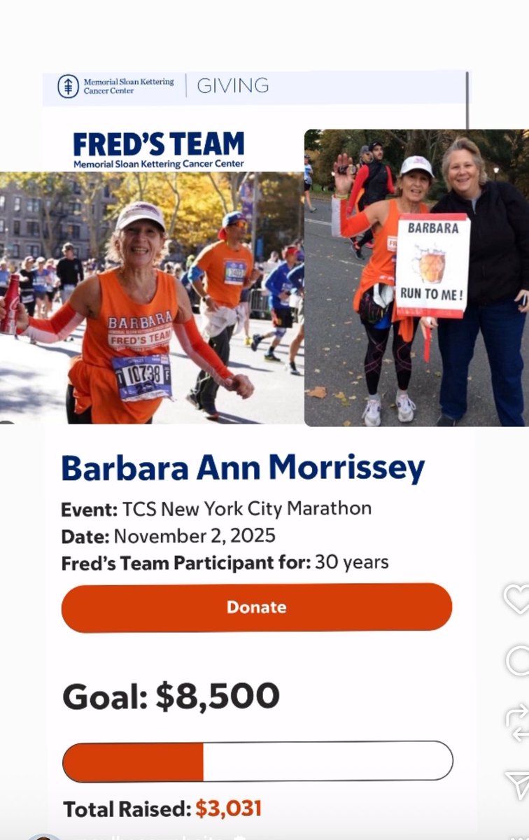 Mom is running <a href="/nycmarathon/">TCS New York City Marathon</a> #32! For <a href="/FredsTeam/">Fred's Team</a>  Click here to donate and join the team: mskcc.convio.net/site/TR?px=175…
