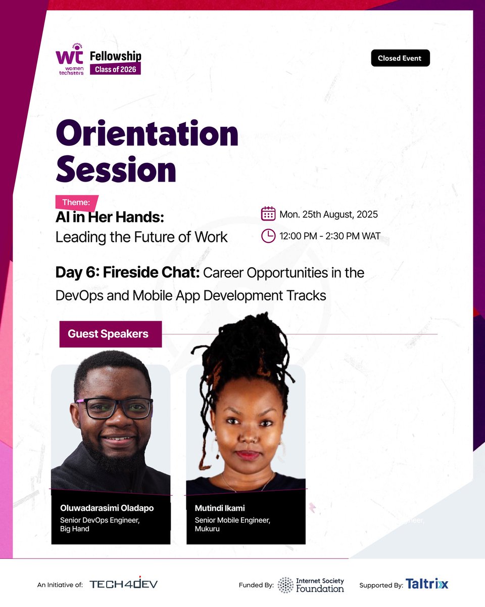 _favourme's tweet photo. WTF Orientation: Day 6🚀 
Dr. Shikoh Gitau’s wisdom:
3Cs: Competence, Community, Character
3Gs: Goal, Grit, Grace 🙌

Fireside chats on Cybersecurity, Data Science, DevOps &amp; Mobile Dev 🚀

Yesterday was another inspiring day!
#WTFC26 #AIinHerHands #WomenInTech #Day6
@Tech4DevHQ https://t.co/hF9VSdo2Vy
