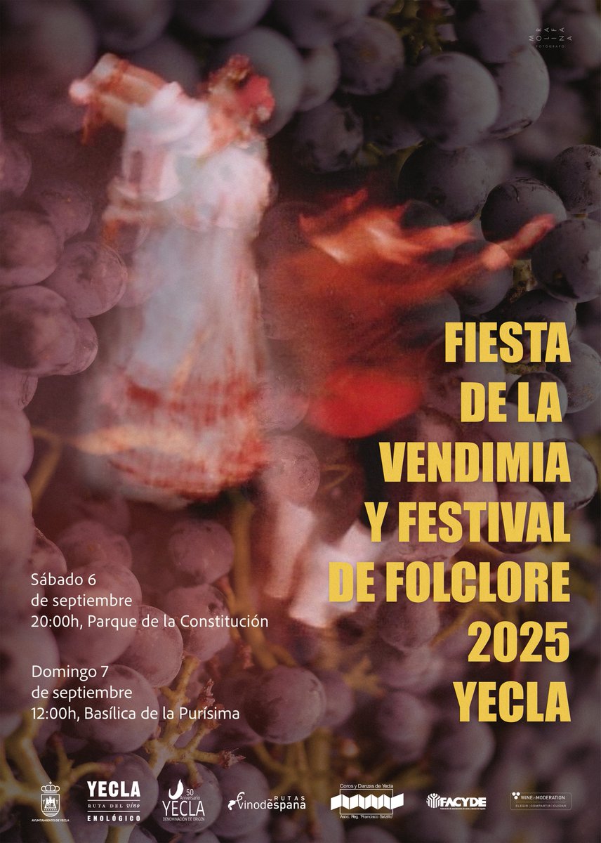El 6 y 7 de septiembre se celebra la Fiesta de la Vendimia y el Festival de Folclore Ciudad de #Yecla 2025. 🍇🍷

Organizado por <a href="/AytoYecla/">Ayuntamiento de Yecla</a>, <a href="/RutaVinoYecla/">Ruta del Vino Yecla</a>, <a href="/YeclaVino/">Yecla Vino</a> en su 50 aniversario, y <a href="/CyDYecla/">Coros y Danzas Yecla</a>.

🙌🏼 Un evento que combina tradición, folclore y gastronomía local.