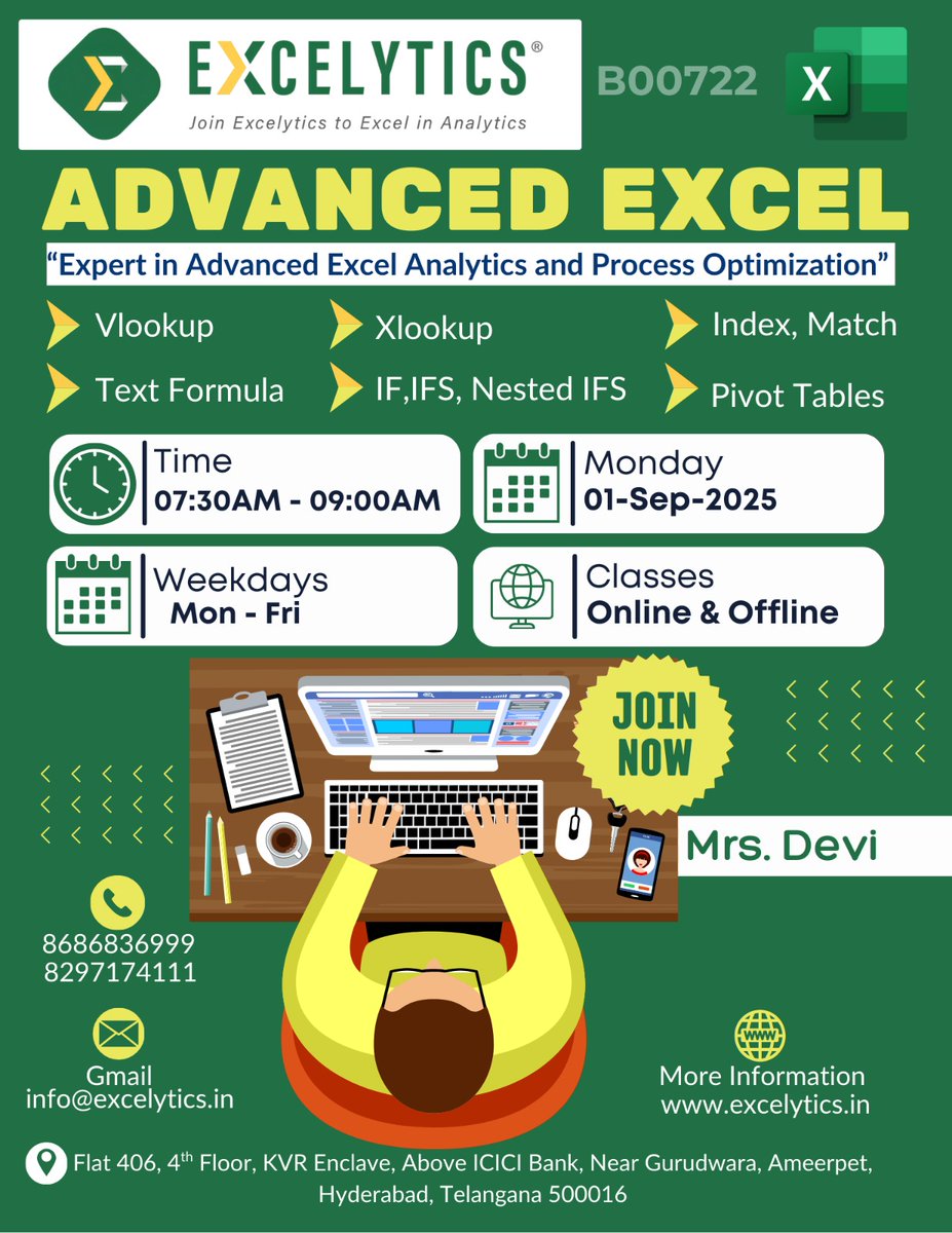 excelytics_info's tweet image. Hi,

Hope you are doing well, wanted to keep you posted that we have Demo session Adv Excel on 01-Sep-2025 between 07:30AM-09:00AM by Mrs. Devi 

 Registration Link :  forms.gle/sKoE3RXg86kVcg…

 WhatsApp Link : chat.whatsapp.com/FBBaLa2OotR9wr…

 Zoom Link : excelytics.info/B00722