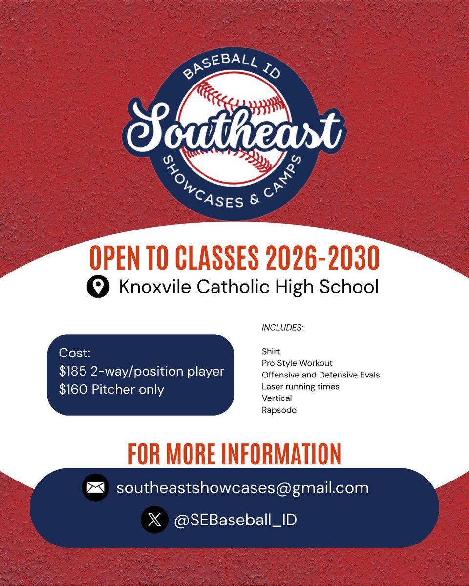 🗓️ October 18th 
⏰ 2-way/position players check in 8:15
⏰ Pitcher Only check in 11:00
📍 Knoxville Catholic

To register: forms.gle/R9FKpDgHj361MW…

Pay: PayPal.me/SoutheastShowc…

Schools in attendance will be announced in the coming days!