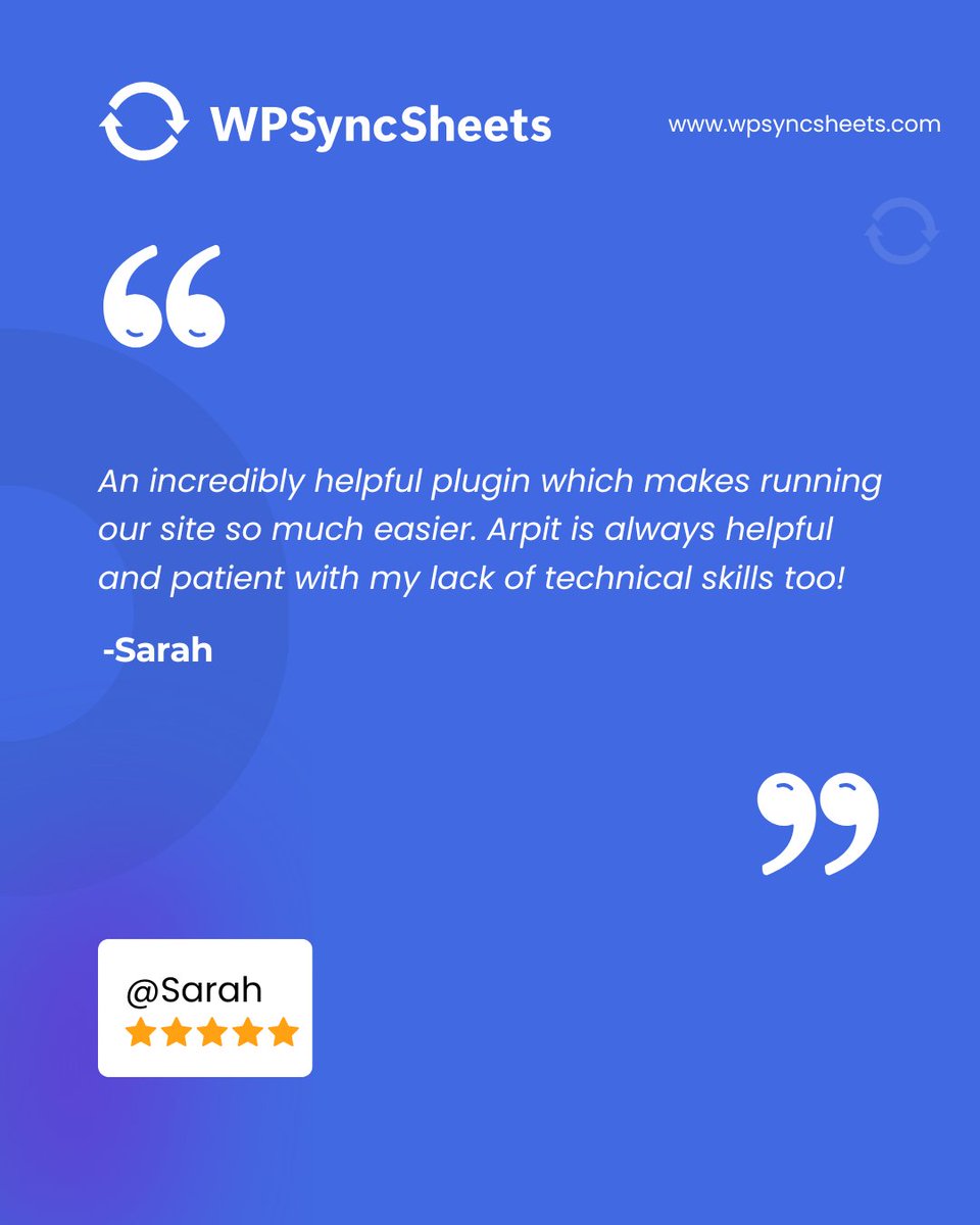 An incredibly helpful plugin which makes running our site so much easier. Arpit is always helpful and patient with my lack of technical skills too! - Sarah

WPSyncsheets Reviews:
🔗 wpsyncsheets.com/reviews/

#Wordpress #WPSyncSheets #Review #helpful