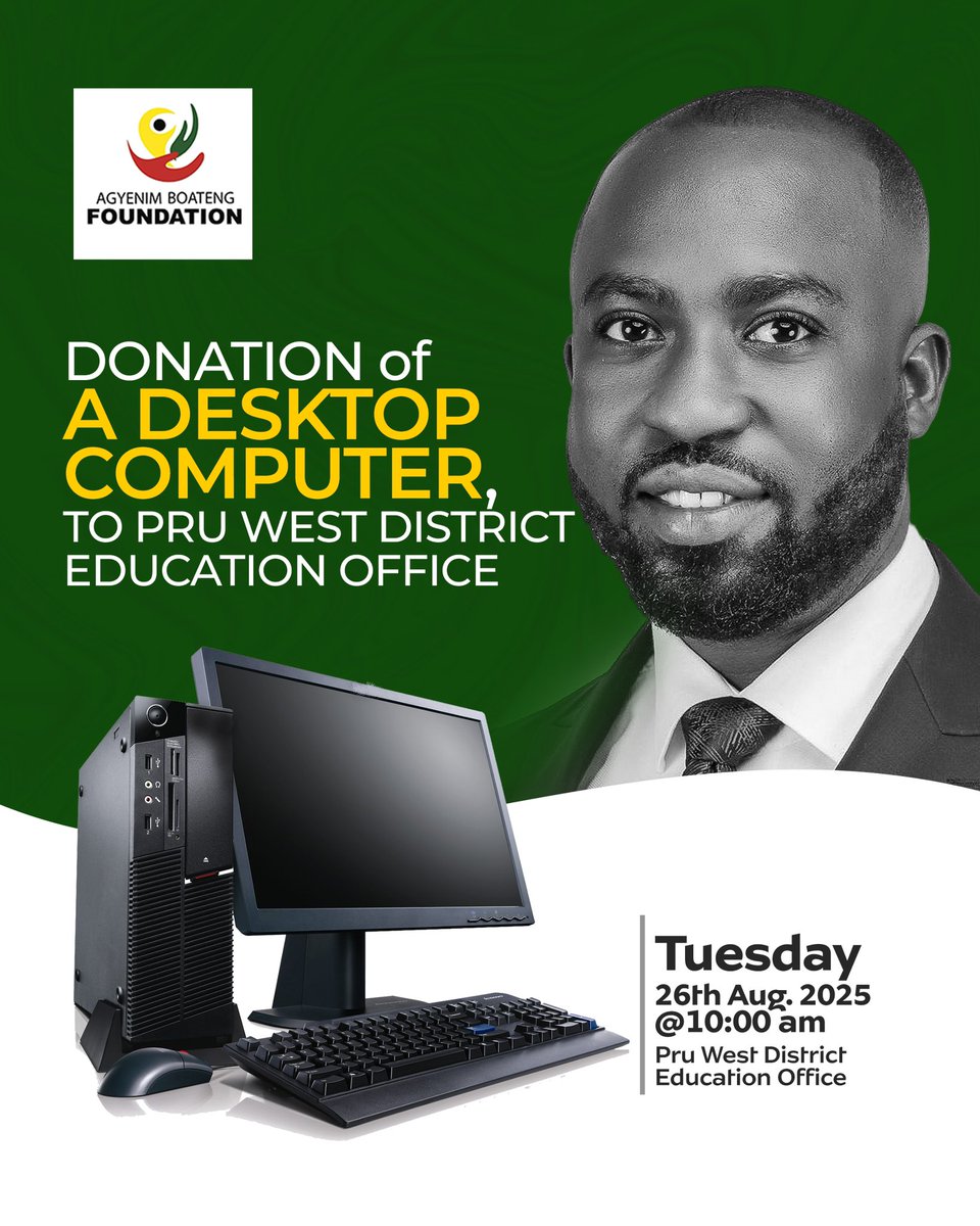 Happening Today

The Agyenim Boateng Foundation will today, Tuesday, 26th August 2025 at 10:00 am, donate a desktop computer to the Pru West District Education Office.

This gesture is part of our commitment to strengthening education delivery!