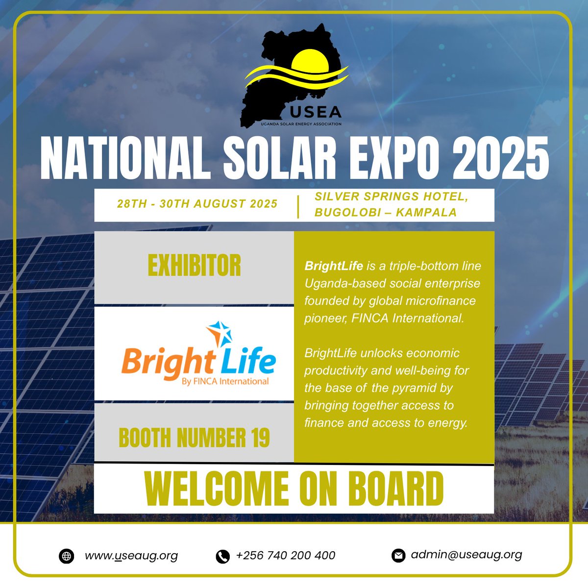 useaug's tweet image. #One_Day_To_Go

We are thrilled to welcome @BrightLifeFINCA as an exhibitor at the 2nd Edition of the @useaug National Solar Expo 2025 in Uganda.

📅 28th - 30th August, 2025
📍 Silver Springs Hotel, Bugolobi – Kampala, Uganda
📩 info@useaug.org / emma.ssemambo@useaug.org
☎ +256…