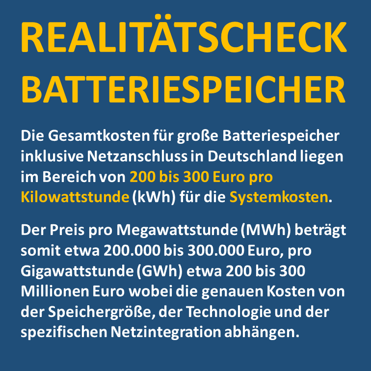 Im Zusammenhang mit Photovoltaik, Windkraft und der Speicherung von Strom in Batterien herrscht in Deutschland allgemein eine gefährliche Naivität und Ahnungslosigkeit.

Nehmen wir an, wir haben eine ganz normale windstille Nacht, die 12 Stunden dauert, und gehen davon aus, dass