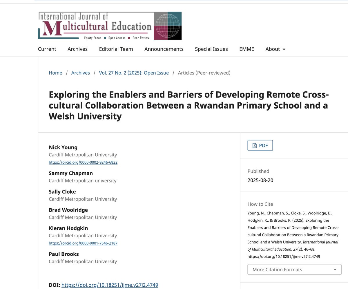 🌍✏️ New research!

Our study between Rwandan teachers + Welsh academics explored the enablers &amp; barriers of remote cross-cultural collaboration.

Findings: 🤝 trust, planning &amp; communication help; ⚡ tech issues, language &amp; power dynamics hinder.

👉doi.org/10.18251/ijme.…