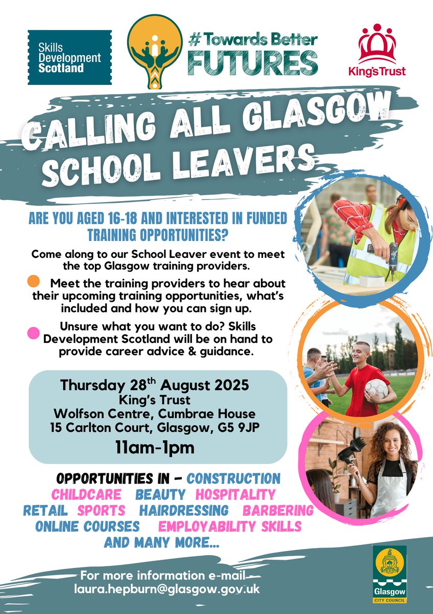 TBF_Glasgow's tweet image. Calling all school leavers! 📣 are you aged 16-18, recently left a Glasgow Secondary school and interested in funded training opportunities? Come along to our open day this Thursday to meet some of the top training providers in Glasgow.
All info on the flyer below 👇🏻