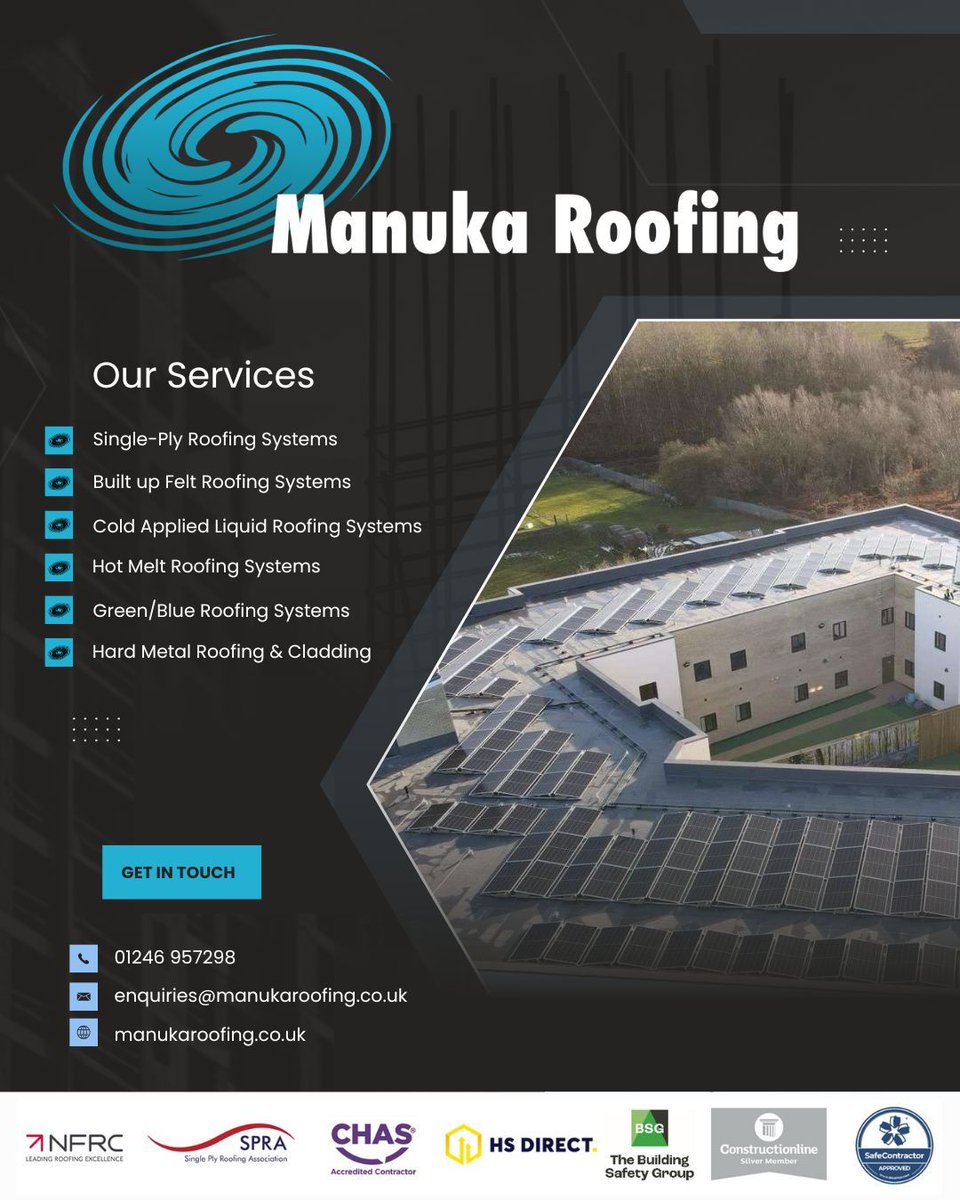 Commercial &amp; Industrial Roofing Specialists

Manuka Roofing goes beyond simply installing roofing systems — we collaborate with your team to ensure every project is watertight, durable, and delivered to the highest specification.

📞 01246 957298
📨 enquiries@manukaroofing.co.uk
