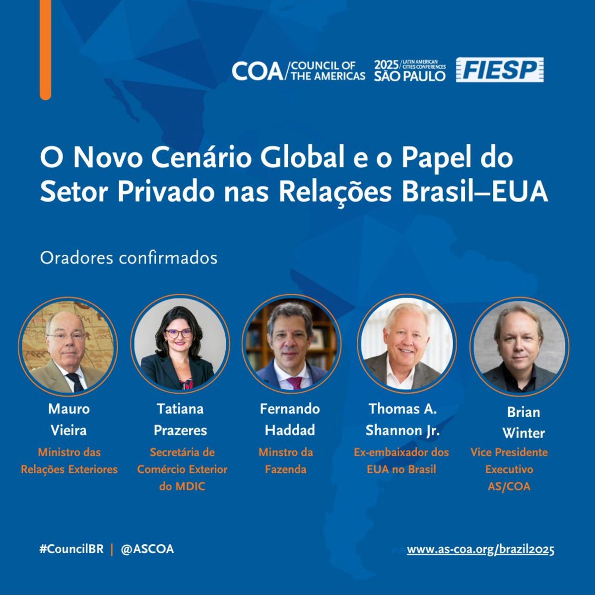 Today in São Paulo, will be joined by this All-Star lineup to discuss the US-Brazil relationship — a simple subject this year ;) — great event in partnership with FIESP. Attendance is sold out, but there will be a webcast.