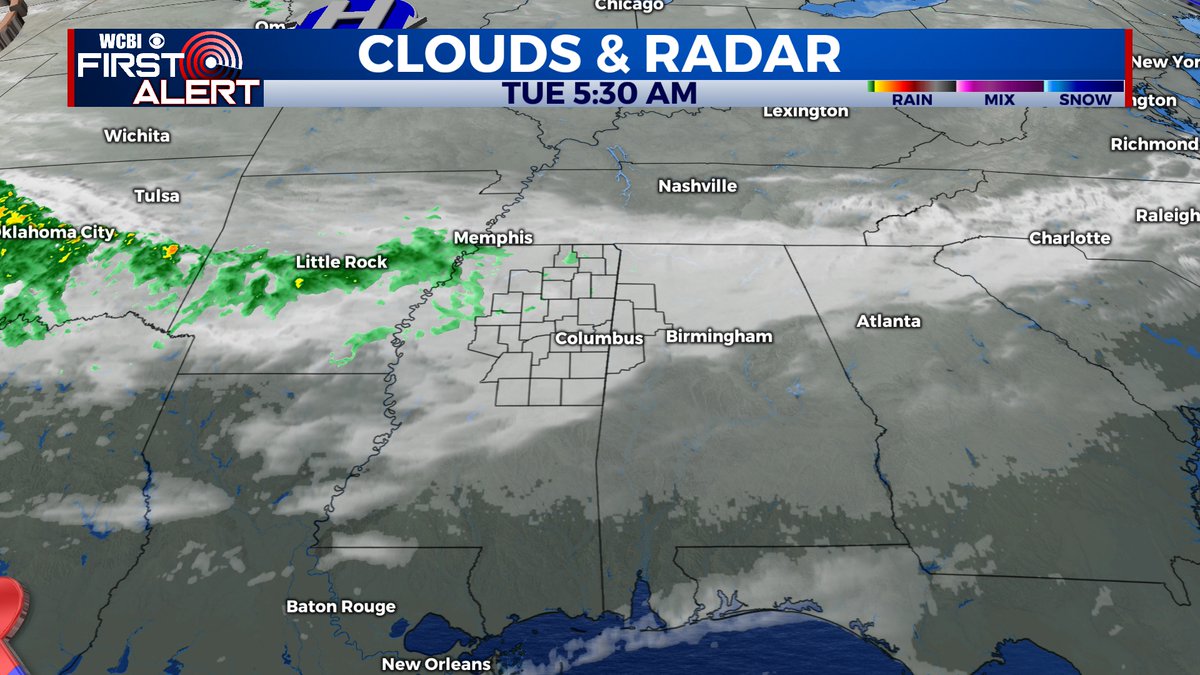 5:30 AM RADAR UPDATE: Some showers are pushing in from the west, with some light showers north of US-82 already. Showers are likely through about lunch time before they dry up.