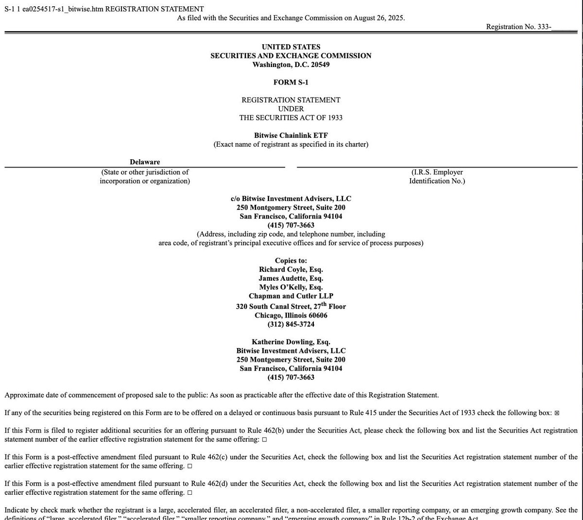 🇺🇸 Bitwise files an S-1 with the SEC to launch a Chainlink ETF. 👀