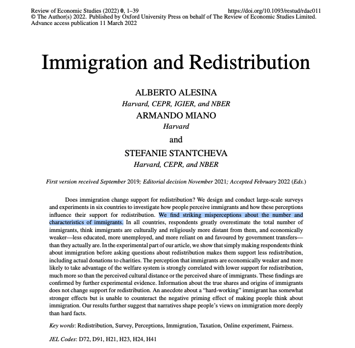 "In all countries, respondents greatly overestimate the number of immigrants, think immigrants are culturally and religiously more distant from them, and economically weaker—less educated, more unemployed, more reliant on/favoured by government transfers—than they actually are."