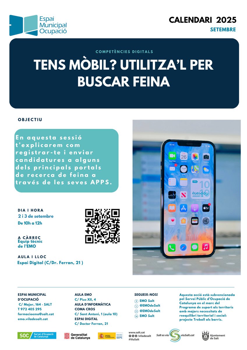 📲Vols aprende a utilitzar el mòbil per fer recerca de feina?  
Vine al taller de l'#EMOdeSalt 'Tens mòbil? Utilitza'l per buscar feina' 
🗓️2 i 3 de setembre 
📷De 10h a 12h 
📍 Espai Digital (C/Dr. Ferran, 21) 
📷Inscripcions emo.viladesalt.cat/calendari/
#formacióEMO