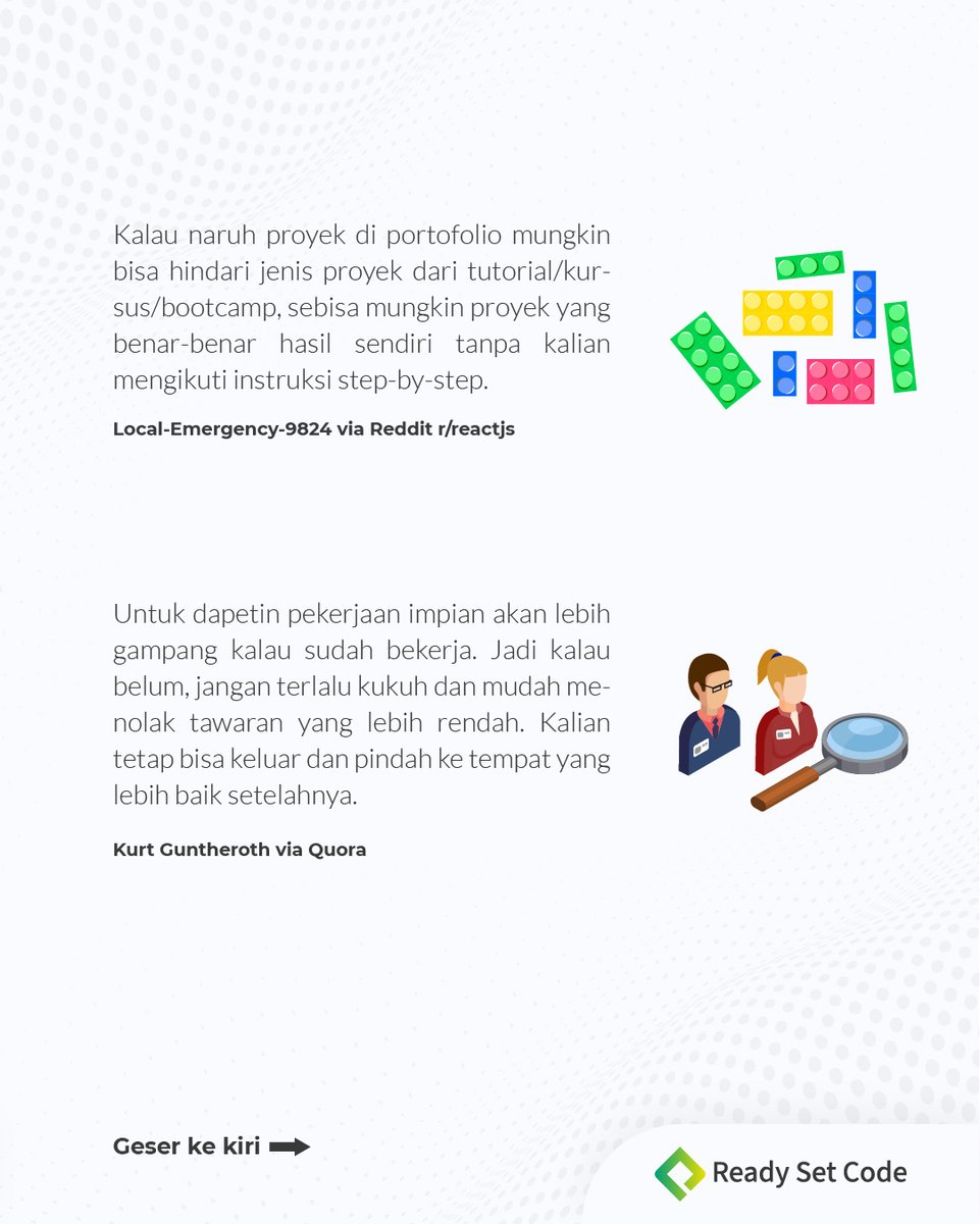 readysetcodeid's tweet image. Mencari pekerjaan developer pertama bisa menjadi hal yang sulit dibayangkan.
Oleh karena itu, yuk simak beberapa pendapat dari netizen mengenai tips-tips supaya bisa mendapatkan pekerjaan pertama kalian di bidang software development.
#coding #programming #readysetcode