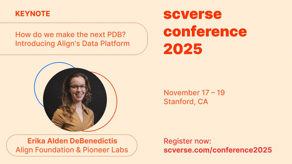 🧫 Meet the keynote speakers for the 2025 scverse conference!
Erika Alden DeBenedictis, Co-founder of The Align Foundation &amp; CEO of Pioneer Labs

<a href="/erika_alden_d/">Erika Alden DeBenedictis</a> 
<a href="/Align_Bio/">The Align Foundation</a> 
<a href="/Pioneer__Labs/">PioneerLabs</a> 

#scverse #scverse2025 #StructuralBiology #Biotech #Stanford