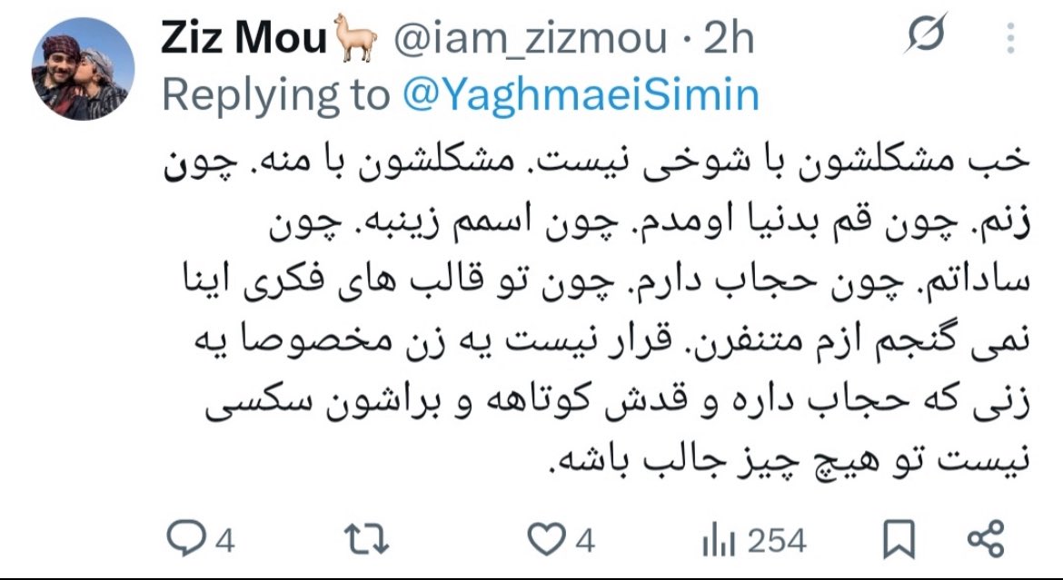 «مظلوم‌نمایی فایده نداره. وقتی به فردوسی، که ستون هویت و زبان فارسیه، بی‌احترامی می‌کنی، باید پای حرفت هم بایستی. پشت اسم و حجاب و زادگاه قایم شدن، توهین رو پاک نمی‌کنه. فردوسی متعلق به همه‌ی ماست، نه ابزاری برای سبک کردن حرف‌های سطحی.»
#مهره_سوخته 
#زینب_کصو