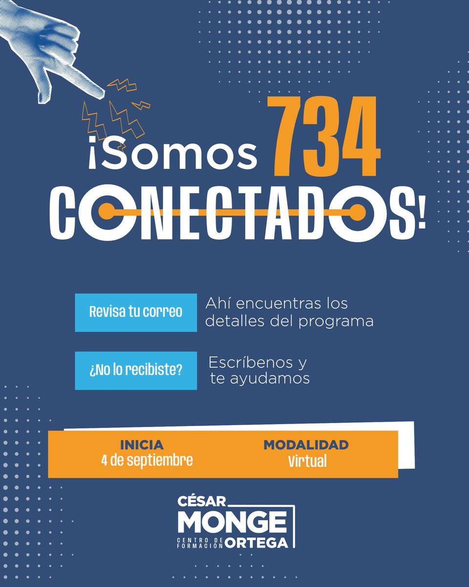 CFCesarMonge21's tweet image. 🙌 Somos 734 #Conectados listos para capacitarnos en el espacio del futuro político.🚀 

📩 Las instrucciones fueron enviadas a sus correos.
💬 Si no las recibiste, escríbenos y te ayudamos.

🗓️INICIA: 4 de septiembre 
🖥️MODALIDAD: Virtual

#CFCésarMonge #CREO21