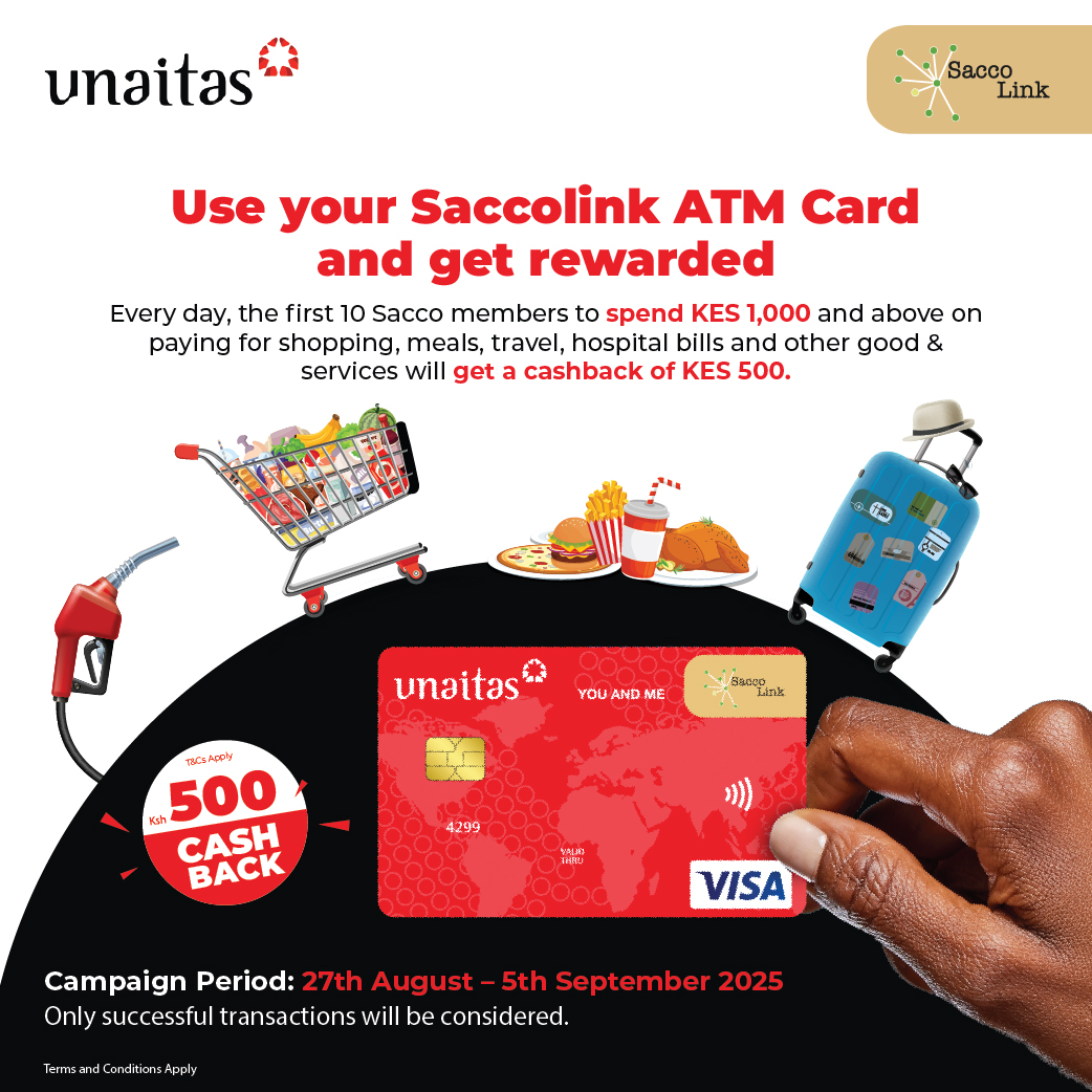 Final Day! Use your Unaitas Visa Saccolink Card today, spend KES 1,000+ and stand a chance to win KES 500 cashback. Don’t miss out. 
#UnaitasYouandMe