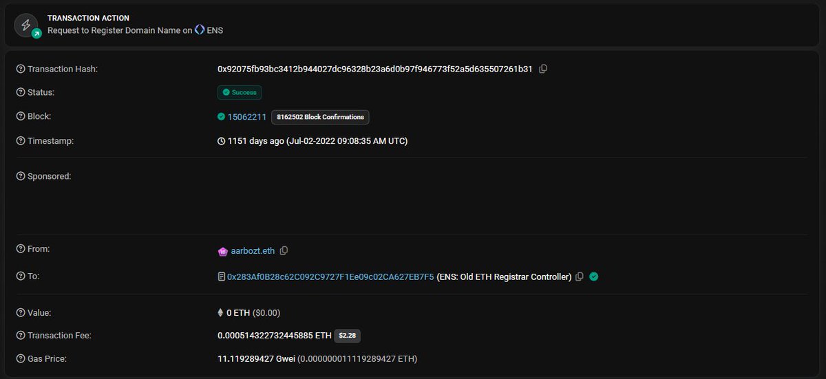 My first interaction with ENS smart contract was 1151 years ago. #10YearsofEtherscan <a href="/etherscan/">etherscan.eth</a>